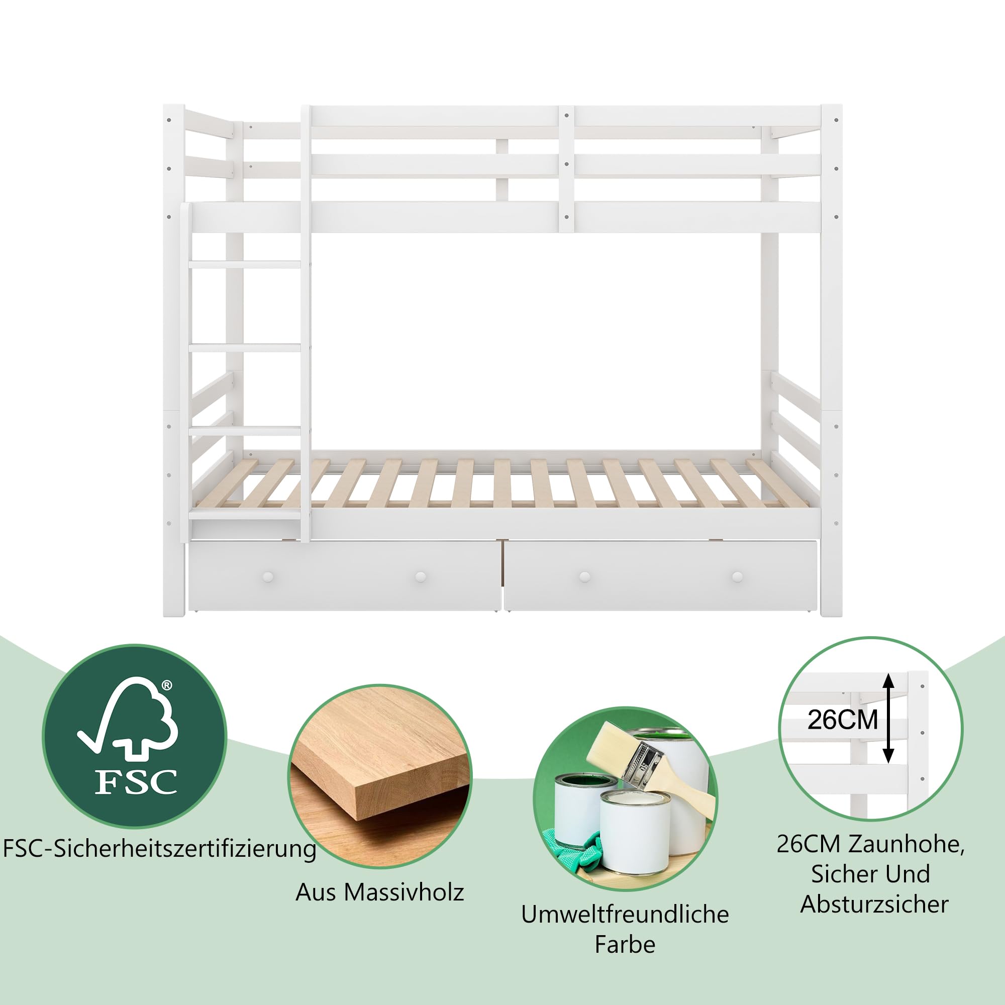 Letti A Castello In Legno 140x200cm - Con Letto Estraibile, Ringhiera Alta E Scale, Bianco