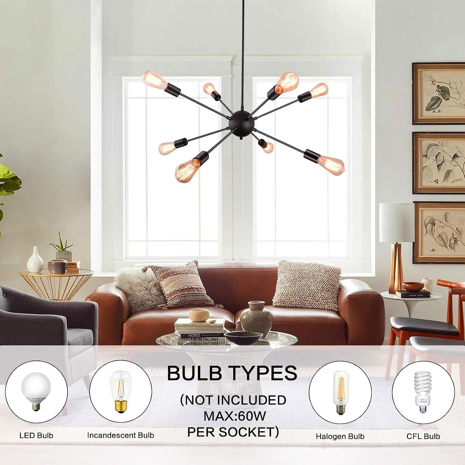 ETONIMERR Black Sputnik Chandelier, Sputnik Light Fixtures Ceiling 8 Lights, Semi Flush Mount Height Adjustable Mid Century Modern Chandelier for Dining Room Living Room Bedroom
