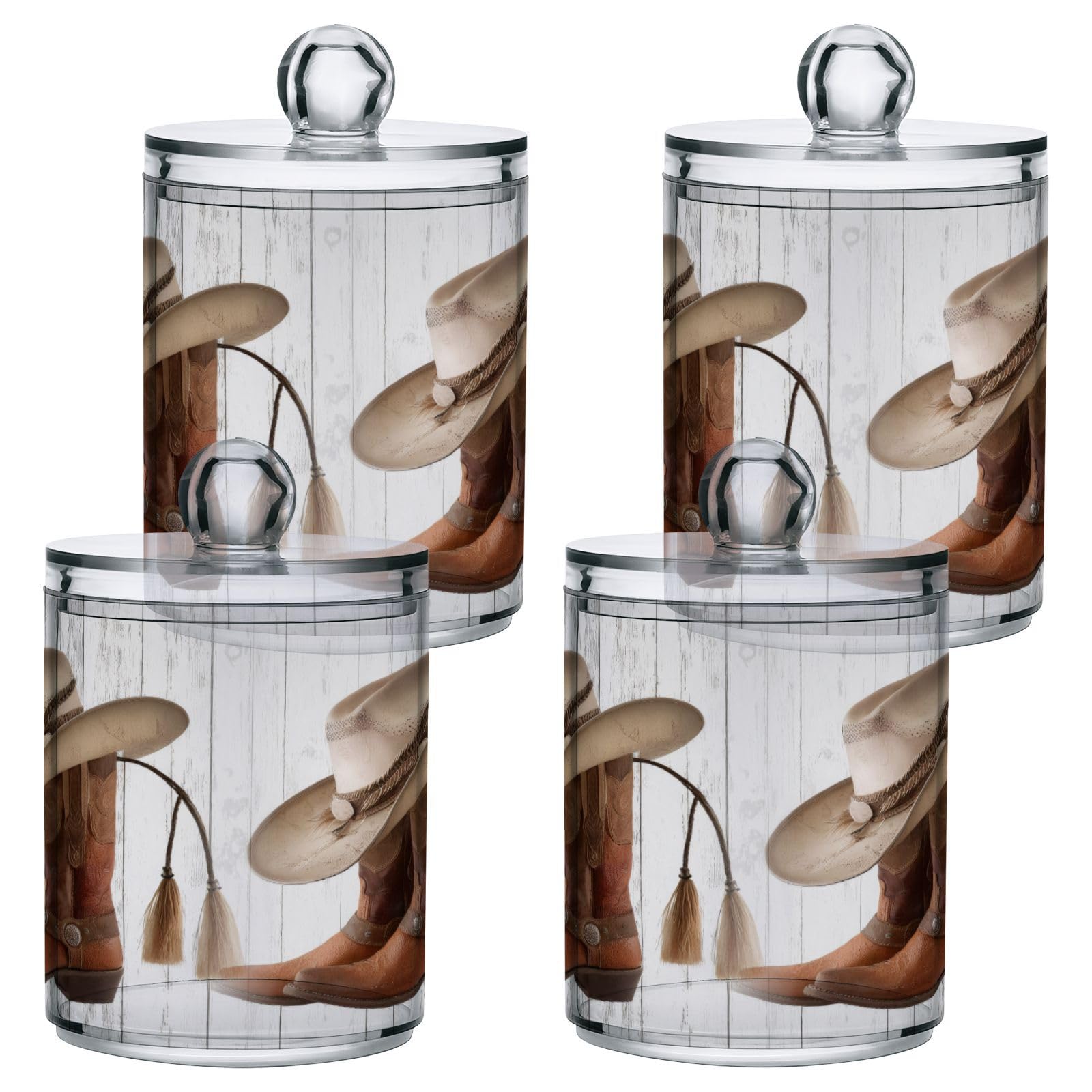 FLildon Brown Cowboy Boots Qtip Holder Dispenser, Bathroom Organizer and Storage Containers, 2Pack Clear Plastic Apothecary Jars with Lids for Cotton Ball, Cotton Swab, Floss