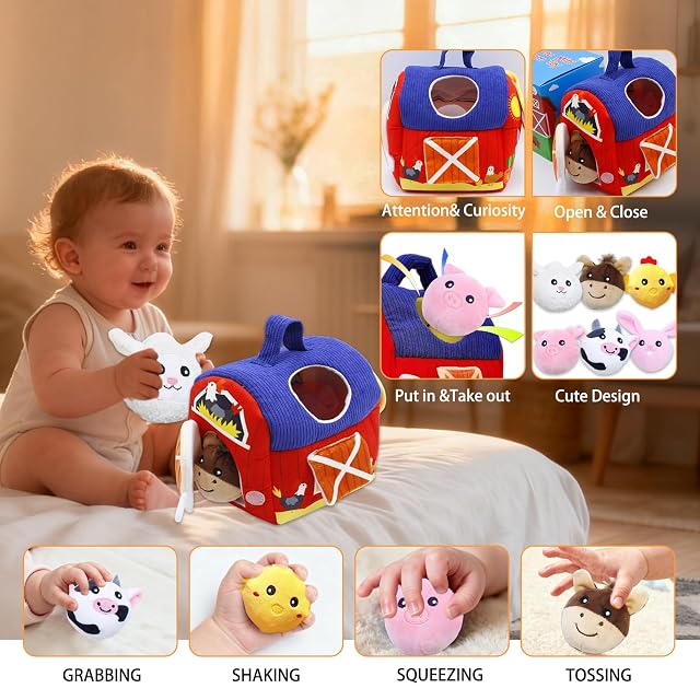 Foto 3 de 7 de Tbintul Juguete Montessori para Bebés 6-18 Meses, Animales Granja de Peluche Blandos con Sonajas, Arrugas