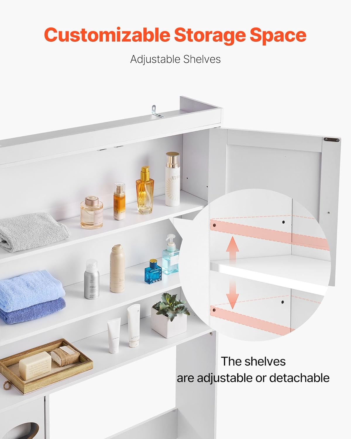 VEVOR Over The Toilet Storage Cabinet, 67.44‘’ Height Bathroom Storage Cabinet Over Toilet with Barn Door and Adjustable Shelf, Bathroom Space-Saving Toilet Rack White Wood with Open Shelf