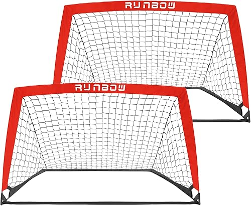 RUNBOW Portería de fútbol portátil para niños de 4 x 3 pies para patio trasero, red de fútbol pequeña, juego de 2 con bolsa de transporte