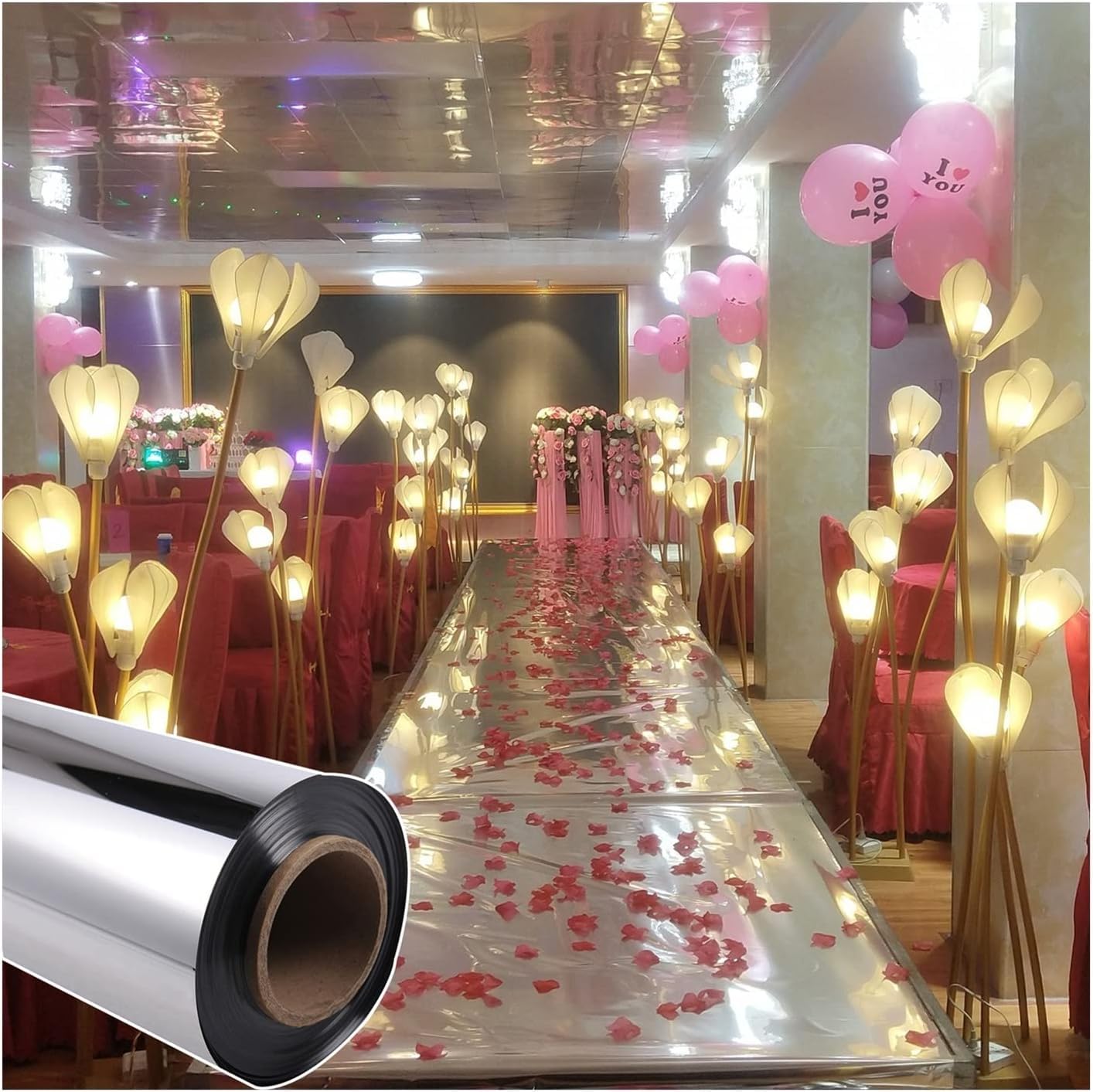 Décoration de célébration avec tapis miroir d'allée argenté