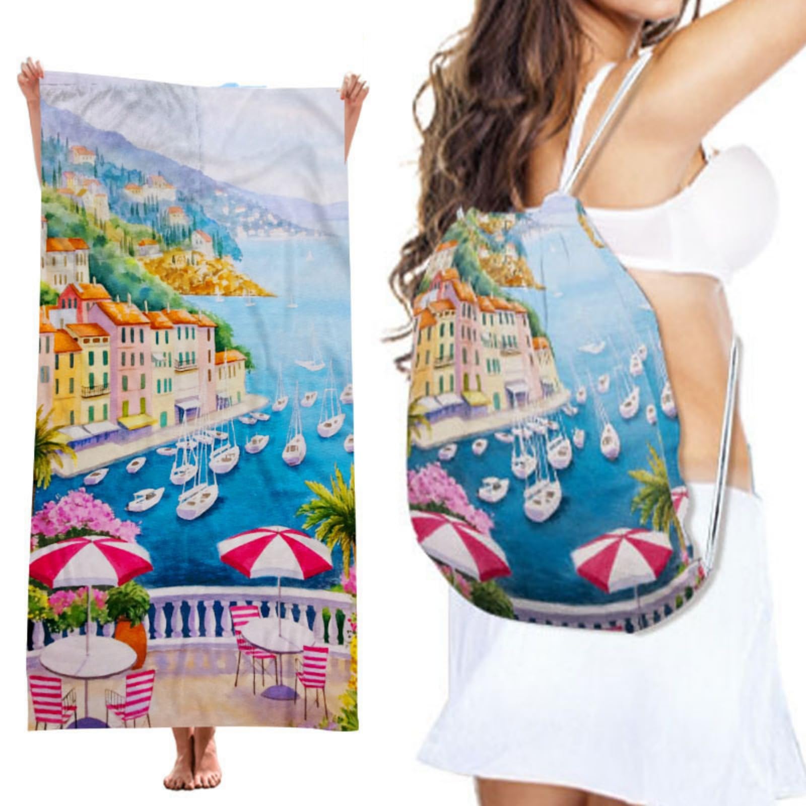 Treer Beach Towel That Turns Into a Bag, 3D Large Microfibre Beach Towels for Adults 2 in 1 Lightweight for Sun Loungers, Travel, Summer, Swimming, Gym, Sports, Yoga (70 * 140cm,Islands)