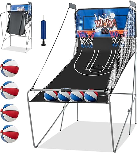 Vista 18 de Goplus Juego de arcada de baloncesto plegable de doble tiro, juego de aro de baloncesto con puntuación electrónica, 8 modos de juego, 4 bolas, Negro