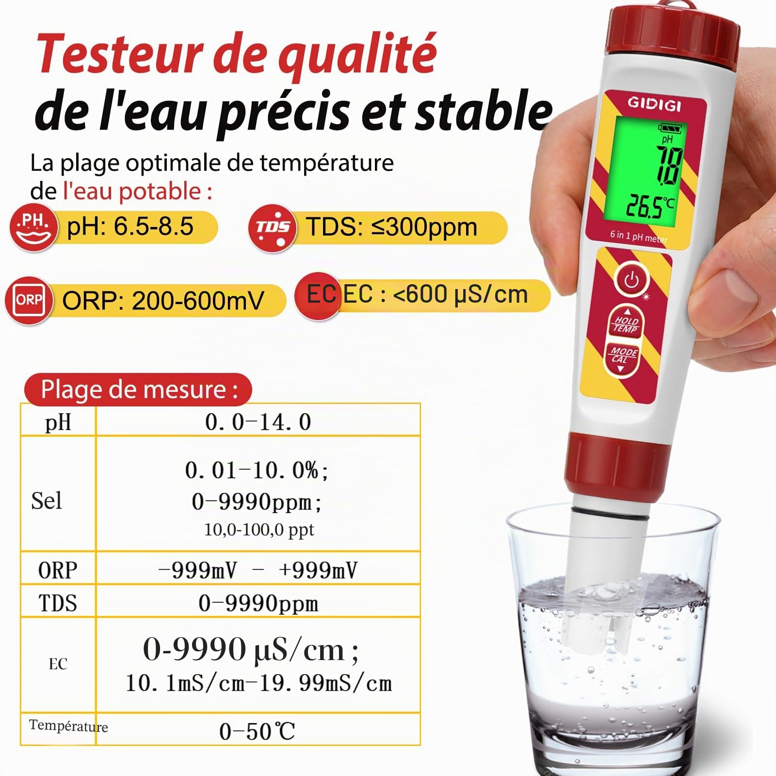 Testeur numérique de qualité de l'eau 6 en 1 pour piscines et hydroponiques, pH/ORP/TDS/EC/salinité/température avec solution d'étalonnage ORP pour aquariums, eau potable, brassage