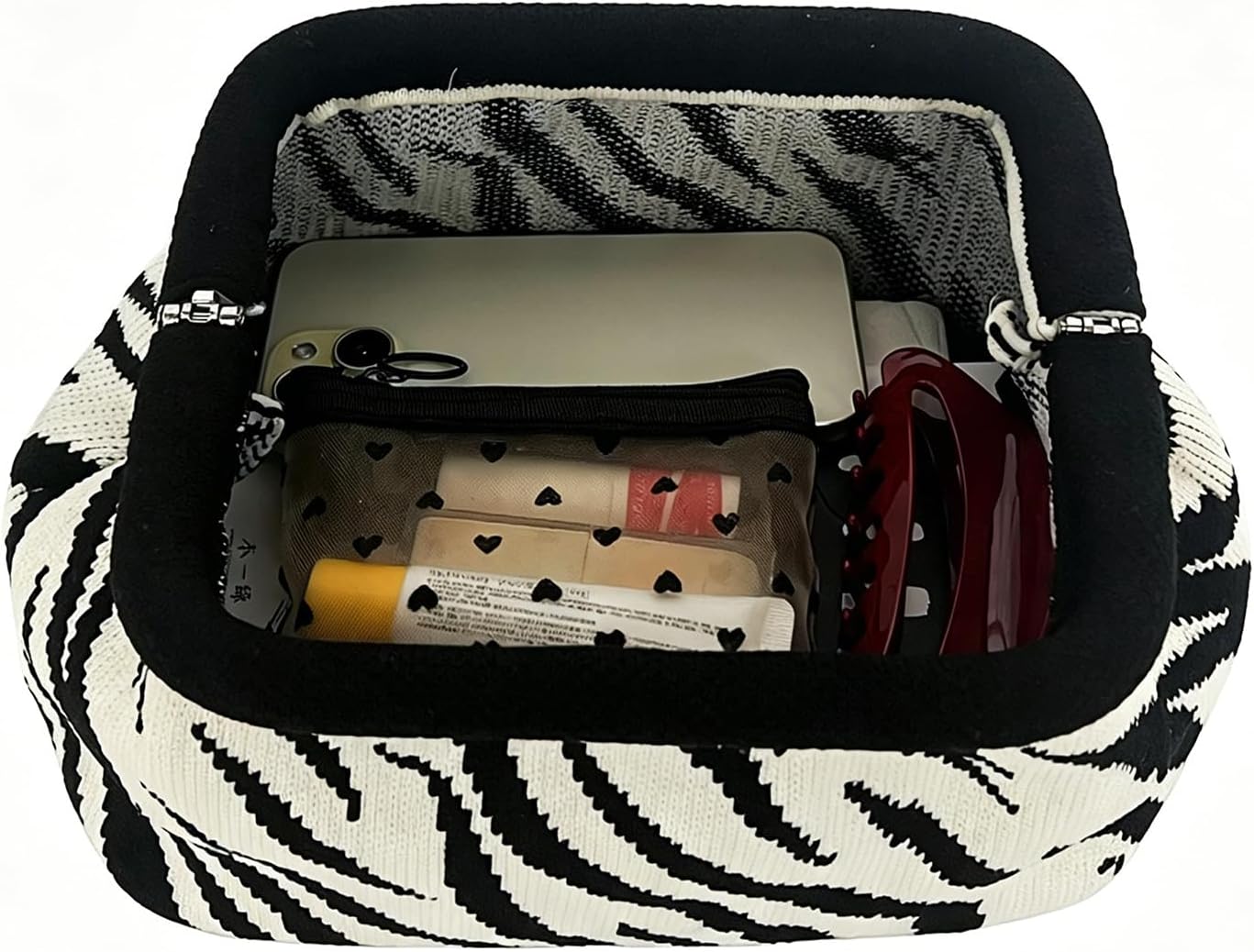 Zebra Print Purse for Women,Knitted Striped Crossbody Dumpling Clutch Bag,White and Black Crochet Cloud Handbag for Summer Beach,Evening Party