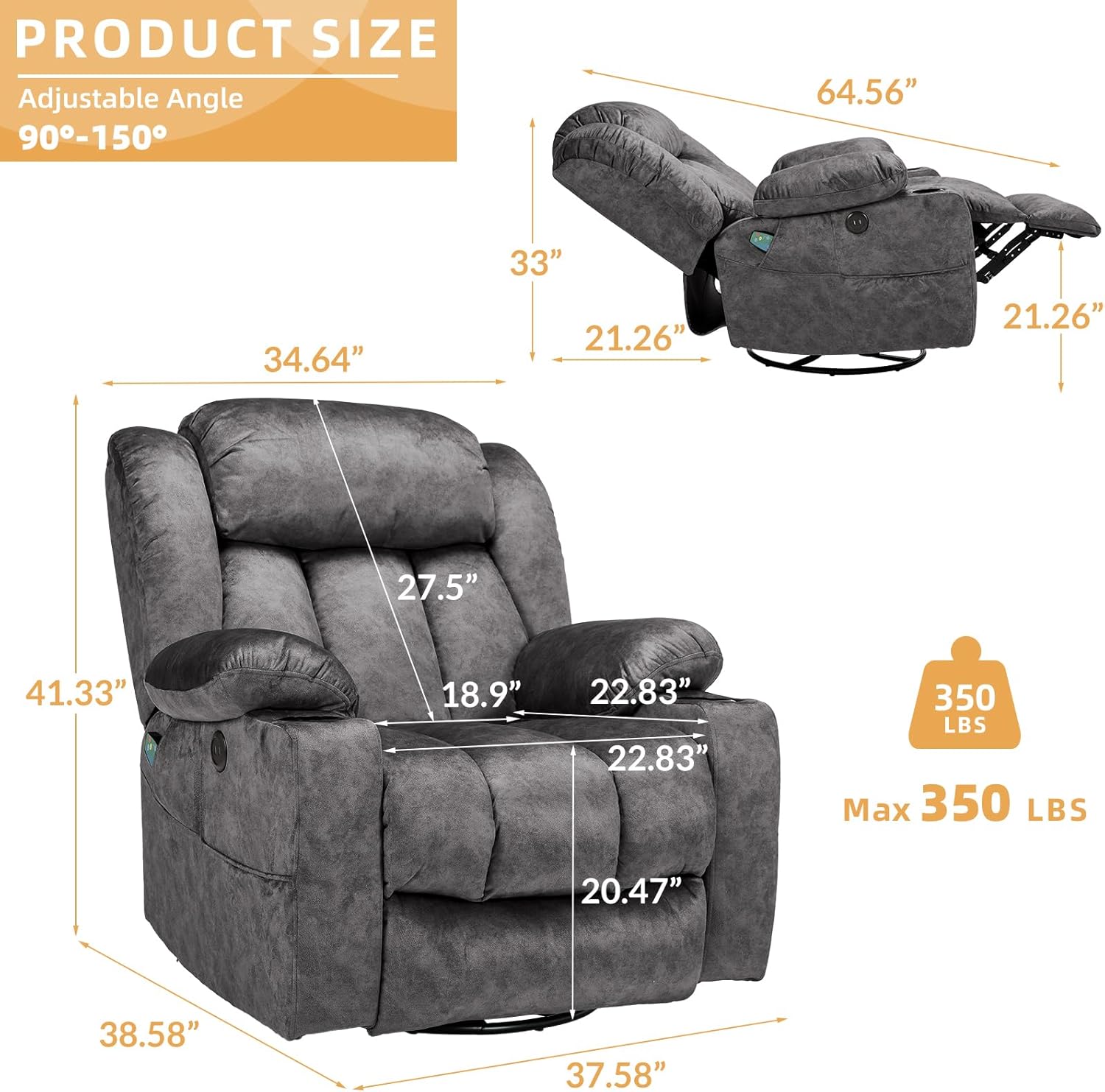 360° Swivel Glider Rocking Recliner Chair, Overstuffed Manual Massage Recliner with Heat and Vibration, Single Modern Sofa Home Seating for Living Room, USB Ports/Cup Holders (Plush-Grey)