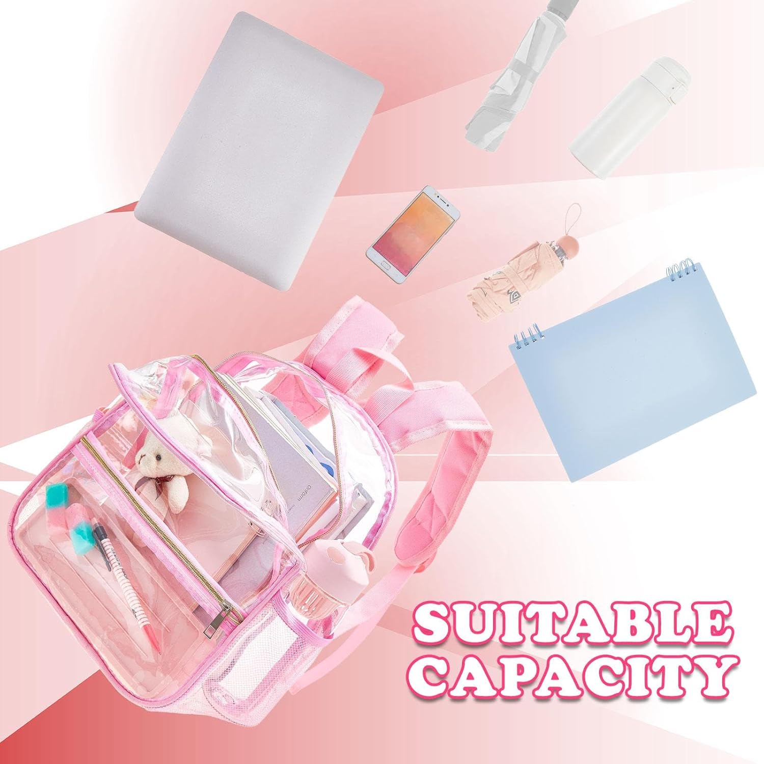 Amylove 5 Pcs Small Pink Clear Backpack Stadium Approved Set for Girls with Lunch Bag, Crossbody Bag, Water Bottle, Transparent School Backpack, 12 x 12 x 6 Inch - Image 5