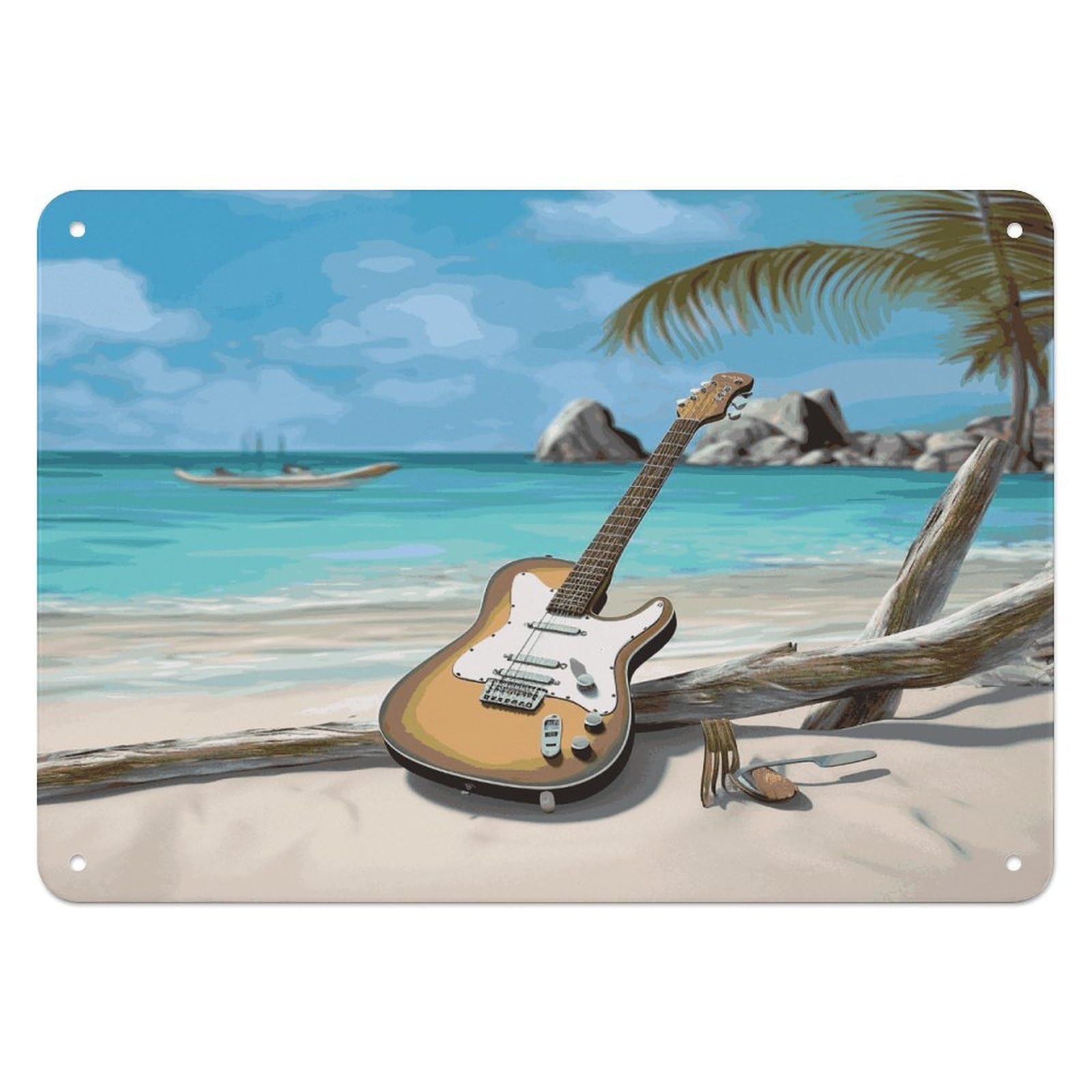 Btcowzrv Style Guitar On The Beach Metal Sign, 5.5" X 7.9" Tin Wall Decor, Wall Art Plaques For Home Wedding Decor Room Living Room Decoration