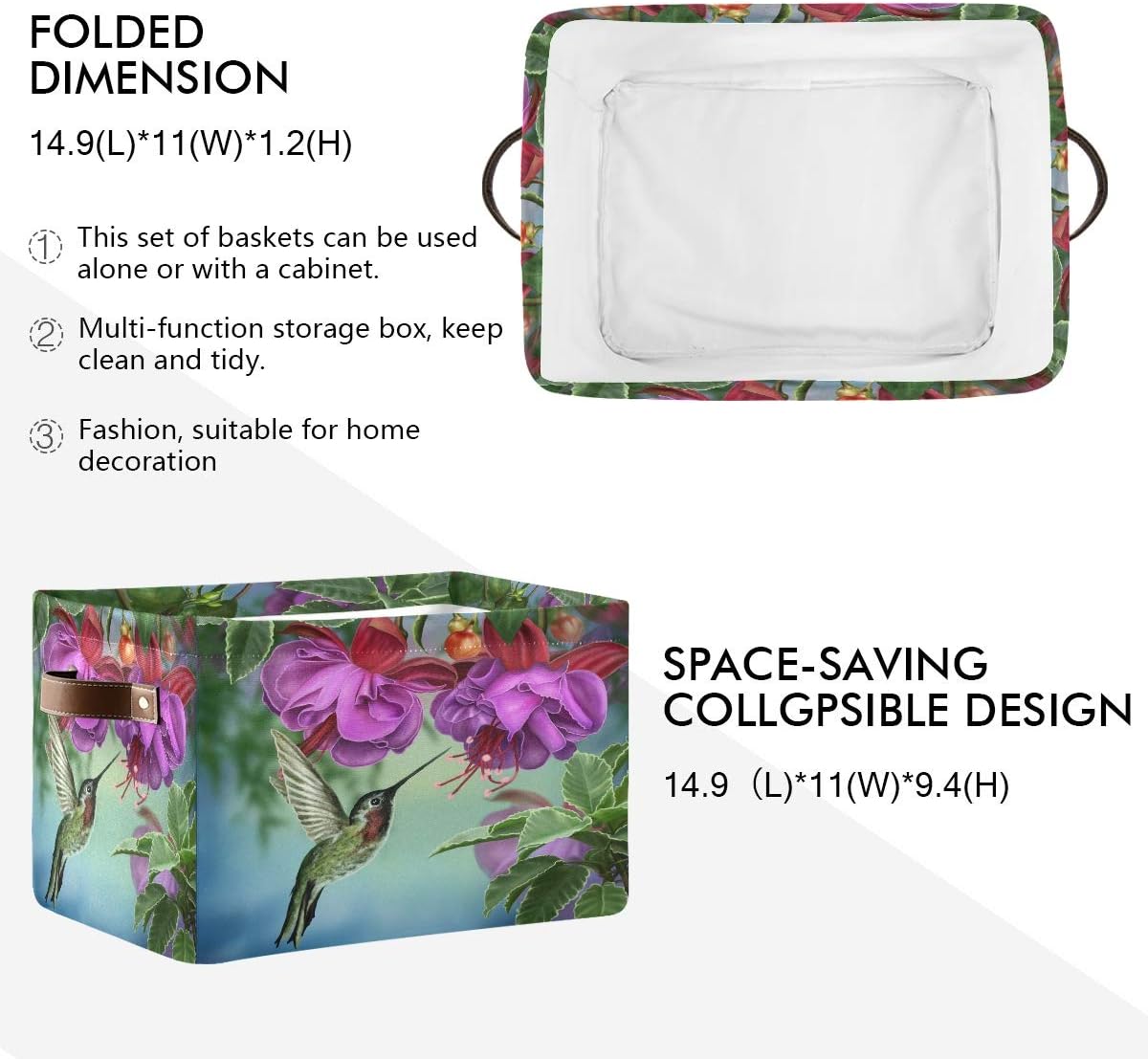 Storage Basket Cube Hummingbird Flower Orchid Spring Large Collapsible Toys Storage Box Bin Laundry Organizer for Closet Shelf Nursery Kids Bedroom,15x11x9.5 in,1 Pack