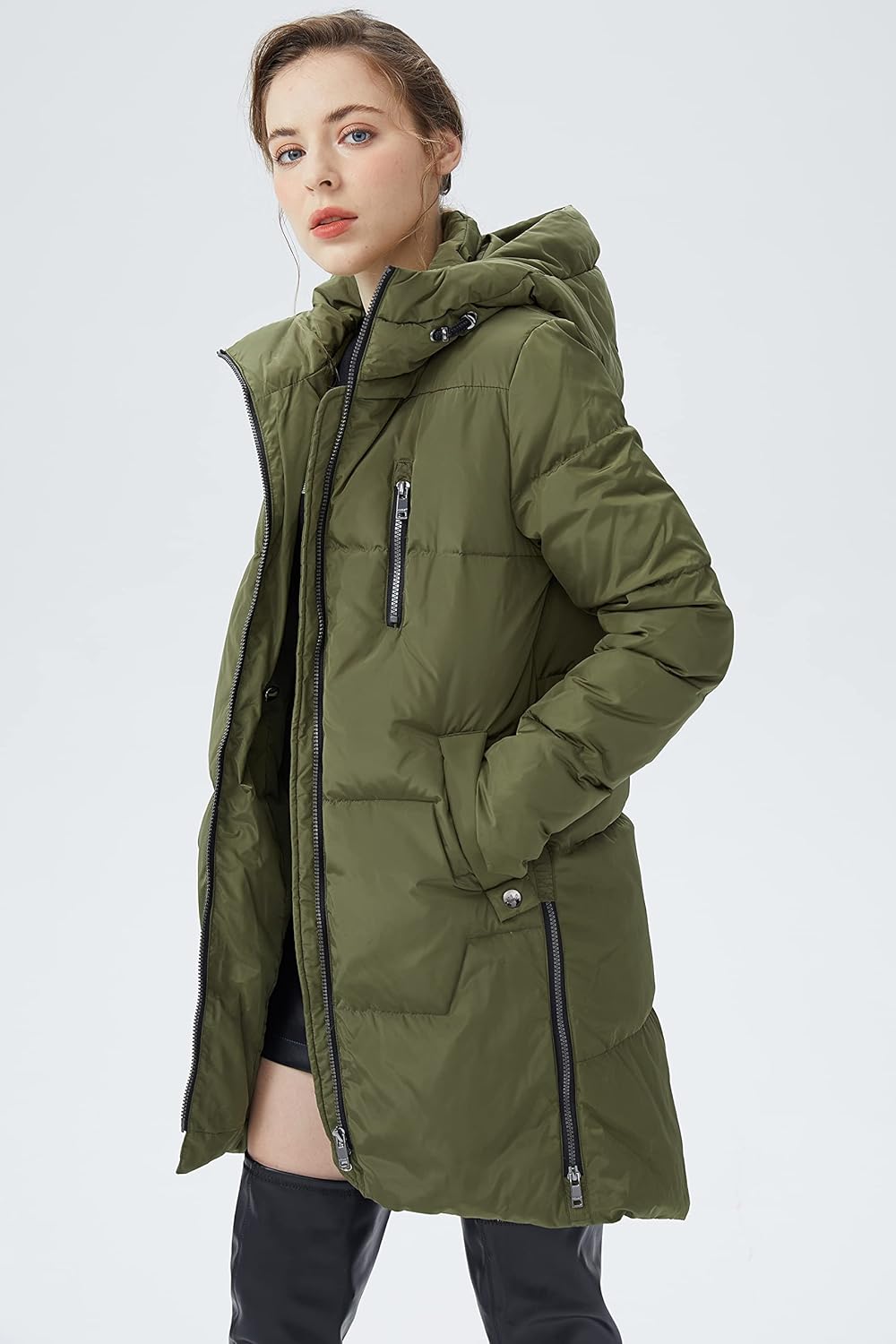 Orolay Women's Stylish Down Hooded Jacket with Two-Way Zipper Winter Down Coat Puffer Jacket A-line Coat - Image 3