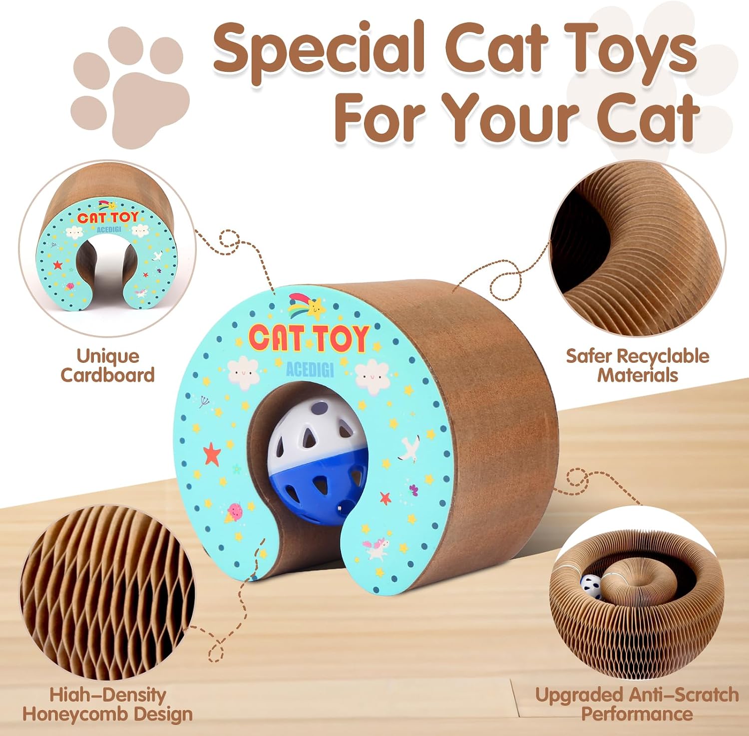 Extensible Cat Scratcher Cardboard Toy | Magic Accordion Scratching Pad with Bell Ball - Foldable & Reversible Interactive Kitty Play for Indoor Cats (2 Pack)