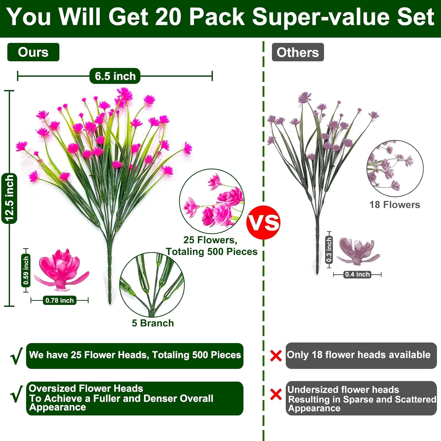 TURNMEON 20 Bundles Artificial Flowers for Outdoors, Artificial Fake Plants UV Resistant Outdoor Faux Plants Cemetery Flowers Plastic Greenery for Gardens Porch Summer Spring Decor 500 Heads(Pink) - Image 2