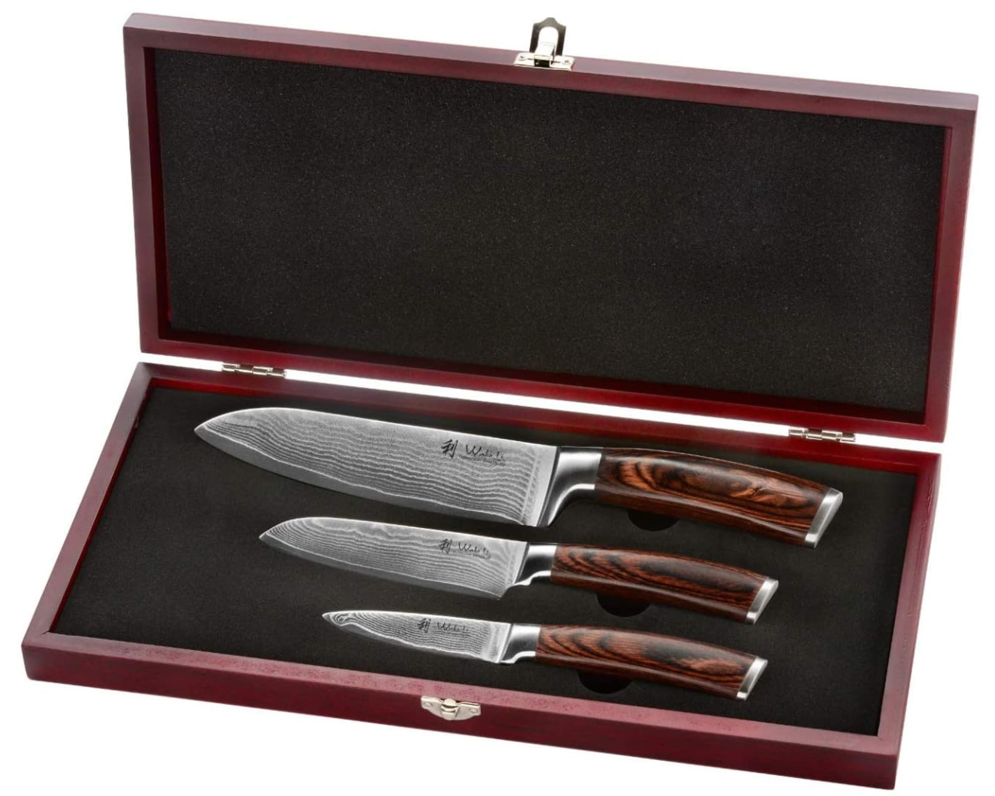 Wakoli Edib Set de 3 couteaux en Damas I Lames en acier damassé à 67 couches avec noyau VG10 et manches en bois de pakka I Couteaux de cuisine professionnels & couteaux damassés dans une boîte en bois