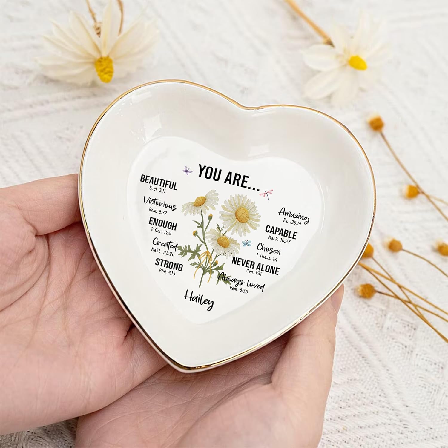 Personalized Bible Verse Ring Dish Gift for Her - Custom Birth Flower Jewelry Dish - Christian Trinket Dish - God Says You Are Gifts