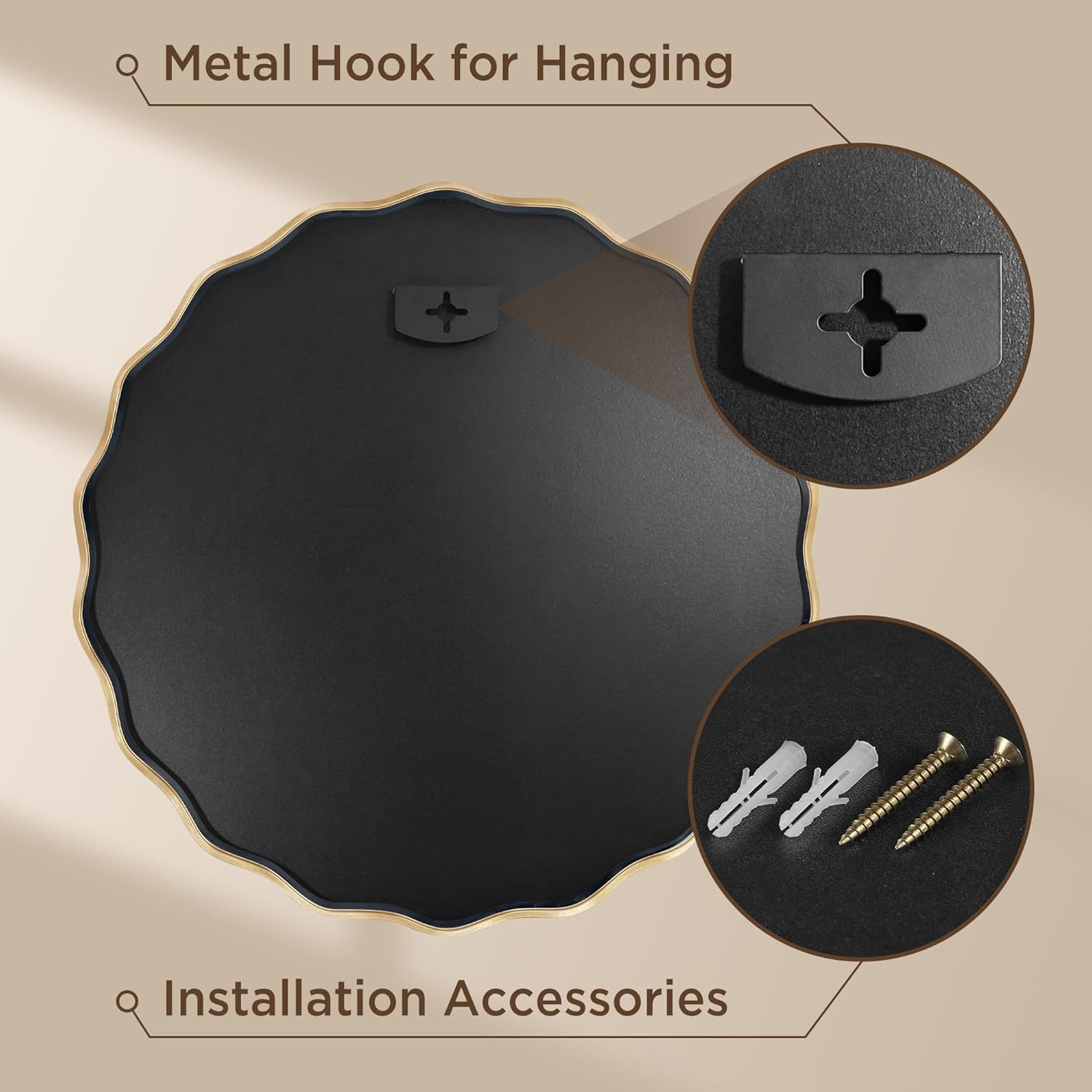 Gold Round Mirror for Wall, 32"x32" Decorative Wavy Bathroom Mirror with Brushed Alloy Steel Frame & Shatter-Proof Glass, Hanging Circle Wall Mirrors for Bathroom, Entryway (Gold, Large)