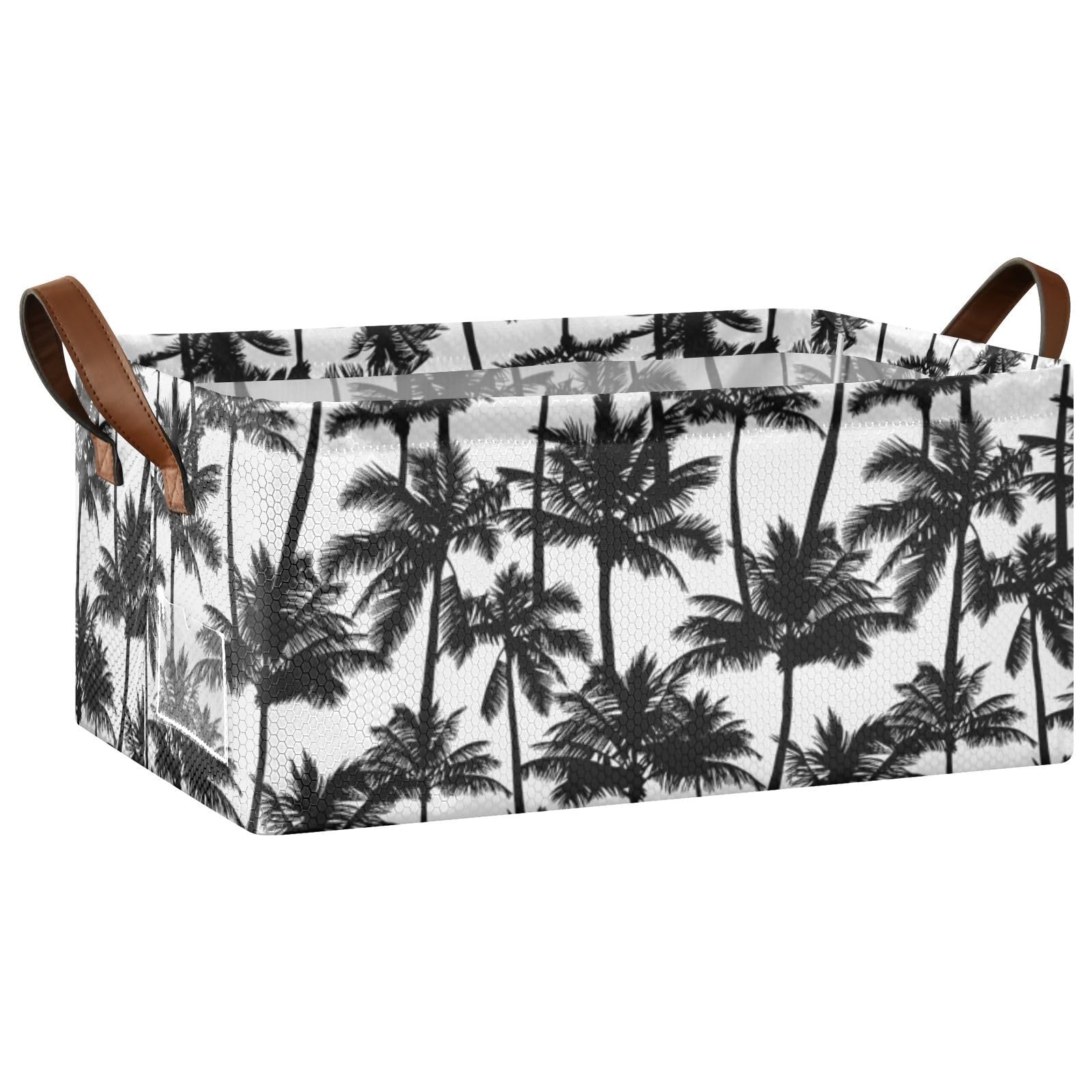 Kjovgcb 1 PC Rectangular Storage Basket Bin, Foldable Box with Leather Handles, Baskets Organizer for Kitchen 16.9x11.4x7.7 in Print Black Palm Trees Seamless On White