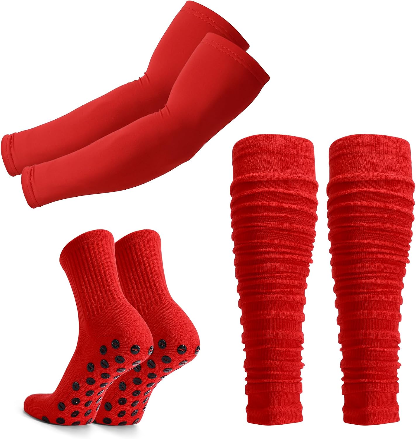 LEACOOLKEY Grip Soccer Socks and Compression Leg Sleeves and Arm Sleeves Combo Set for Adult Men Women
