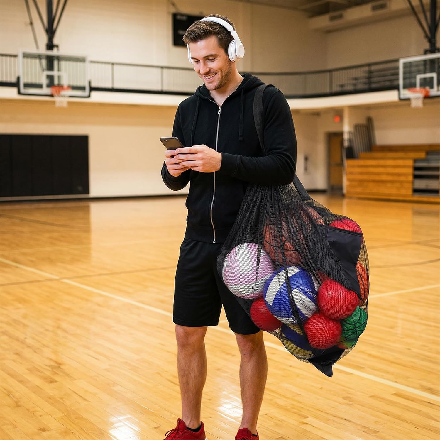 6 PCS Extra Large Ball Bag Set with Zippered Pocket, 40"x 30"Heavy Duty Nylon Mesh Sports Equipment Storage Bag for Basketball Soccer Volleyball Baseball Swimming Gear