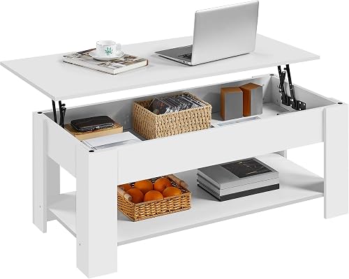 Yaheetech Mesa Centro Elevable con Estante Mesa Café con Revistero Mesita Baja de Moderno Grande para Salón 120 x 59 x 49,5 cm Blanco