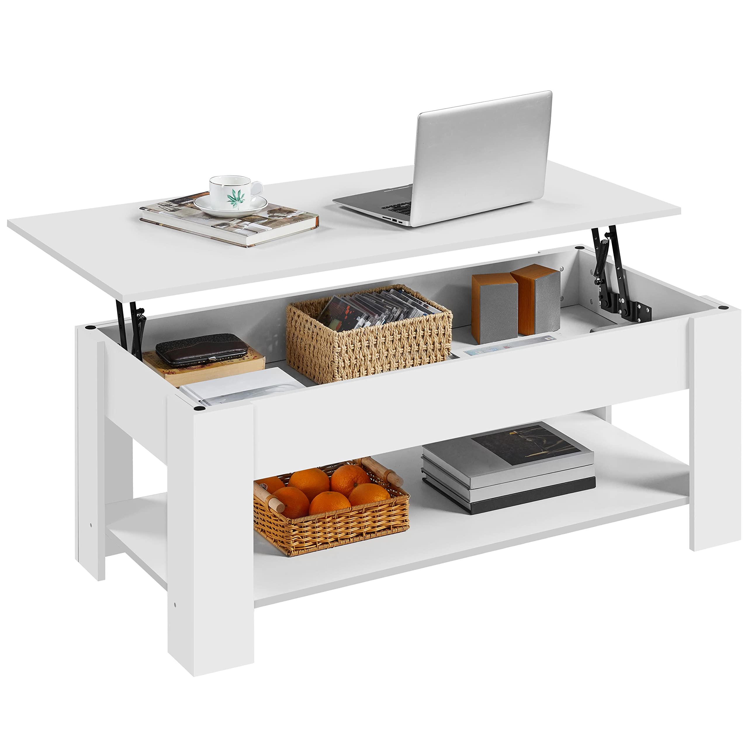 Yaheetech Mesa Centro Elevable con Estante Mesa Café con Revistero Mesa Baja de Moderno Grande para Salón 120 x 59 x 49,5 cm Blanco