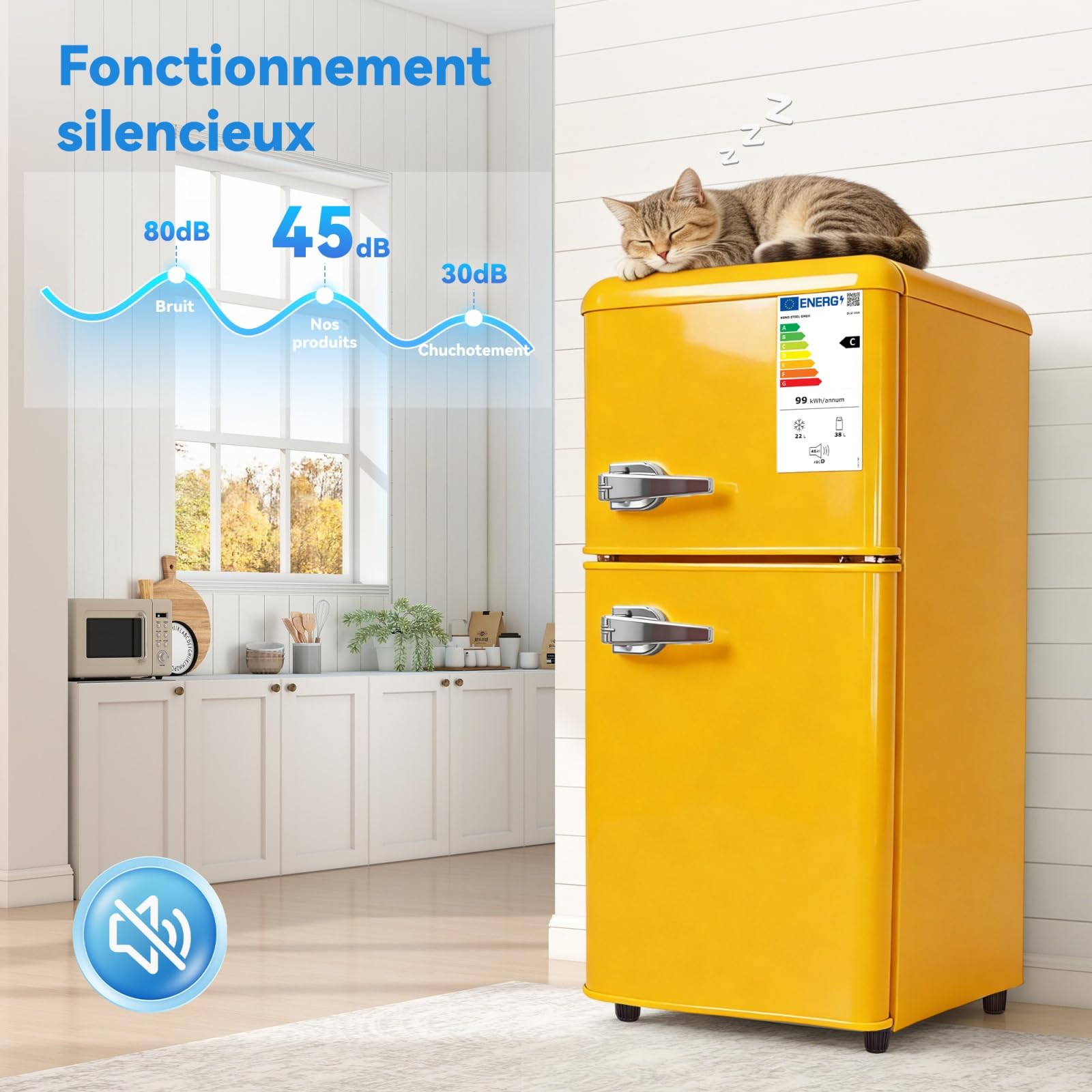 Mini Frigo Congélateur Combiné 2 Portes 60 L Compact 41 cm (Jaune) | -18°C freezer, 45 dB silencieux, 7 niveaux 0-10°C, LED, étagères réglables, pour Chambre, Bureau et Salon, 41×45×89 cm