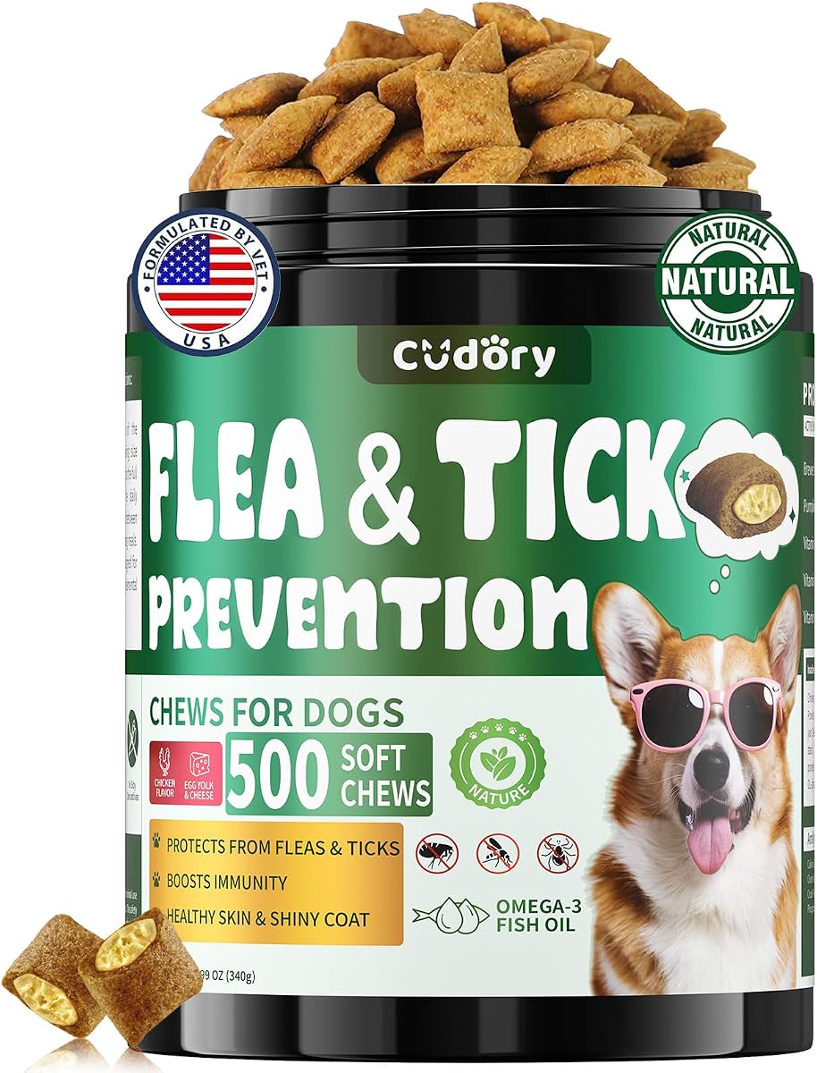 Flea and Tick Prevention for Dogs, 500 Dog Flea Treatment Chews | Dog Flea and Tick Chewables with Skin and Coat Support, Oral Supplement for All Breeds & Ages, Chicken & Cheese Flavor