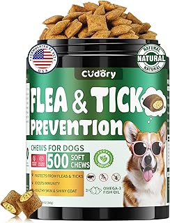 Flea and Tick Prevention for Dogs Chews- 500 Crunchy & Creamy Chews, Dogs Flea Chewables with Skin & Coat Support - Oral Supplement for All Breeds & Ages - Chicken & Cheese Flavor