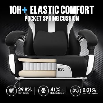 GTPLAYER Gaming Chair Ergonomic Office Chair with Foot Rest & Pocket Spring Cushion, High Back Computer Desk Chair with Headrest & Lumbar Support, Breathable Fabric Game Chair for Adults, Coal-Black