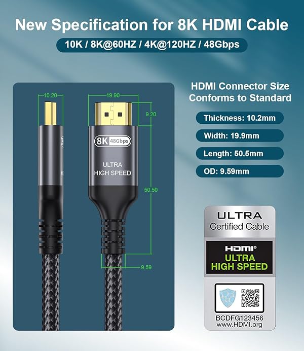 Certified 10K 8K HDMI 2.1 Cable 1.5 FT, 48Gbps Ultra High Speed HDMI® Cord Ethernet CEC 4K 240Hz 165Hz 144Hz 120Hz 8K 60Hz eARC Netflix HDCP2.3 HDR10+ PC Laptop RTX5090 TV Monitor Projector X-box PS5 by Adauxter - Image 3