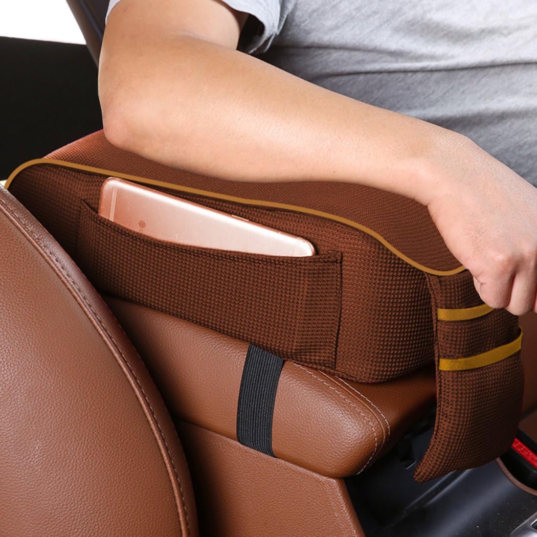 Auto Center Console Armrest Pillow, Memory Foam Car Armrest Cushion with Phone Holder Storage Bag Universal Fit for Most Car (Brown)