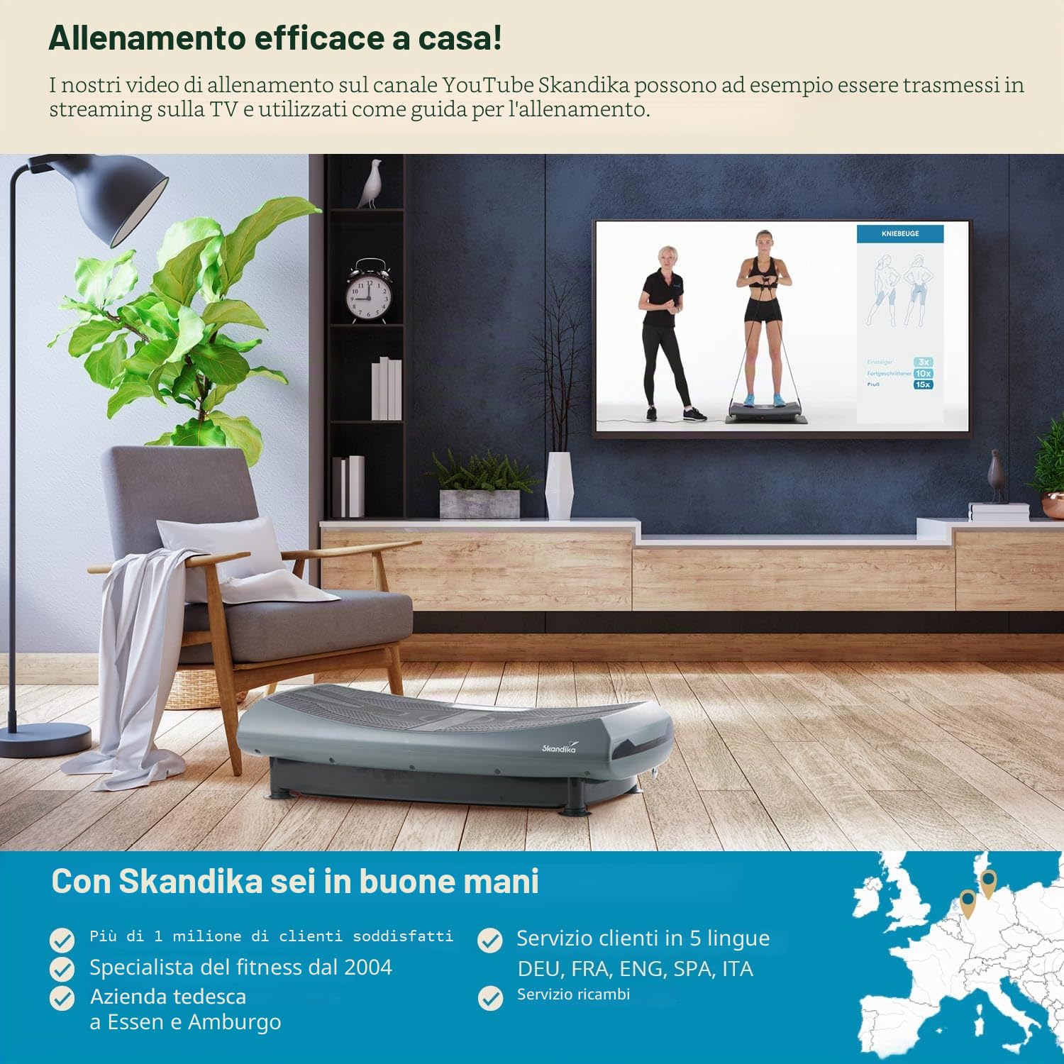 Skandika V2000, 3D o 4D Pedana Vibrante, Superficie curvata, Smart LED, Cinghie d'allenamento, Bluetooth