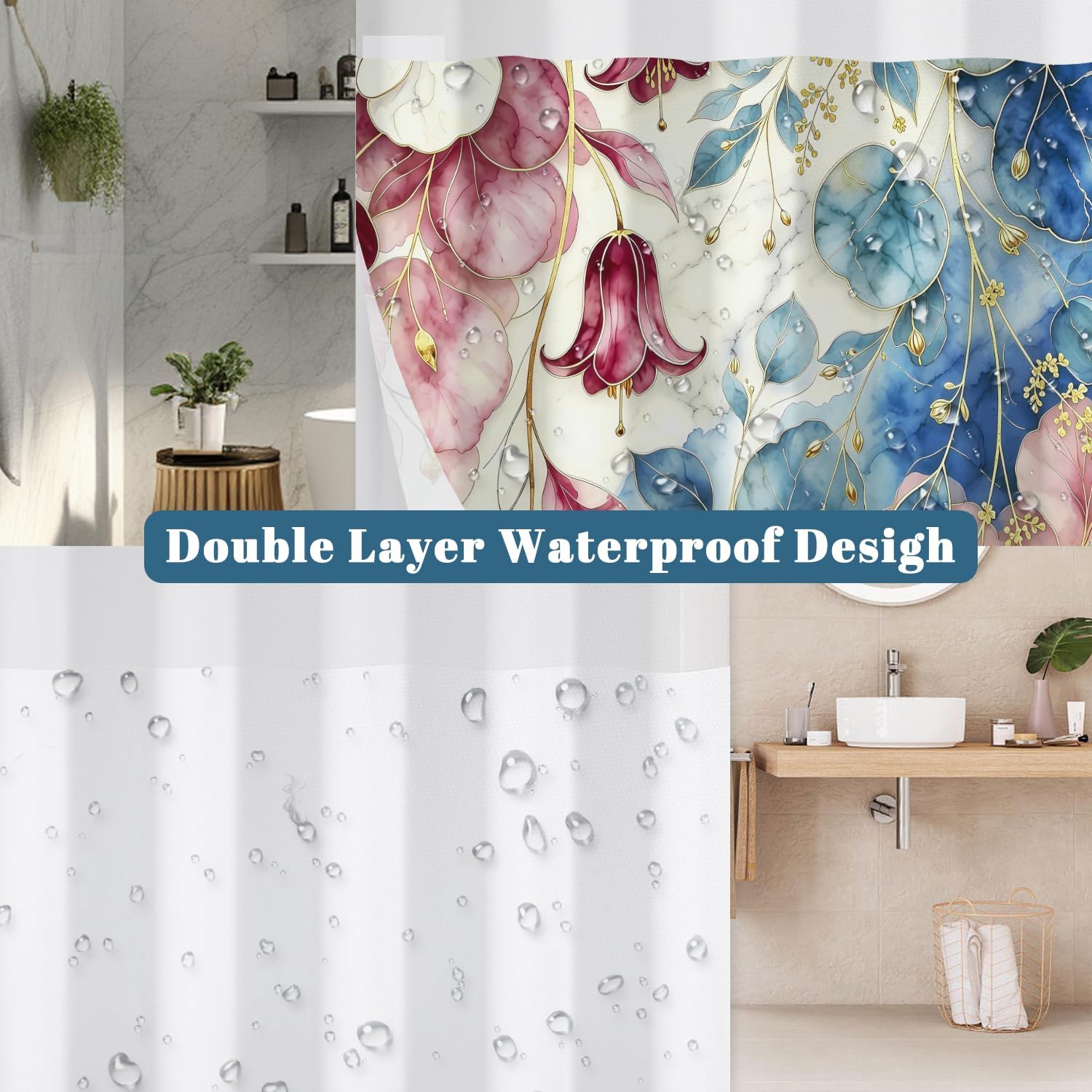 Luxury Floral Shower Curtain with Snap in Liner 71x74 Inch image 5