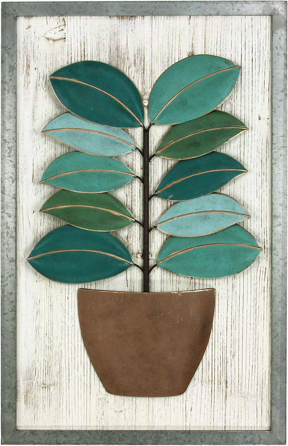 ക്ലോസ് അപ്പ് view of the Habitat Astrid Green Metal Leaf Wood Wall Art, showing detailed texture of leaves and pot.