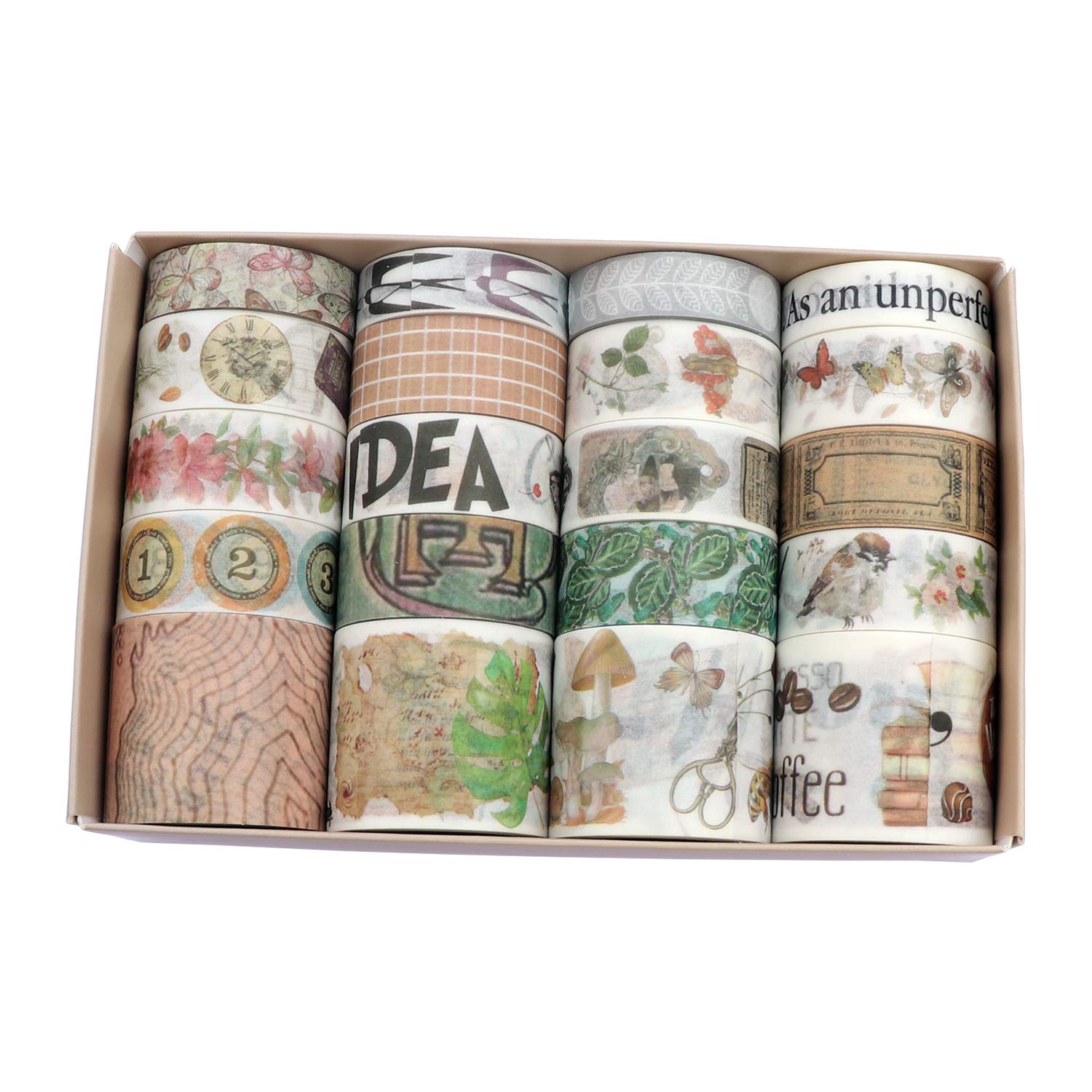20 Rolls Vintage Masking Washi Tape, Postmark Map Coffee Butterfly Letter Floral Flower Washi Tape Set for Bullet Journaling Planner Scrapbooking Gift Wrapping Holiday Decoration