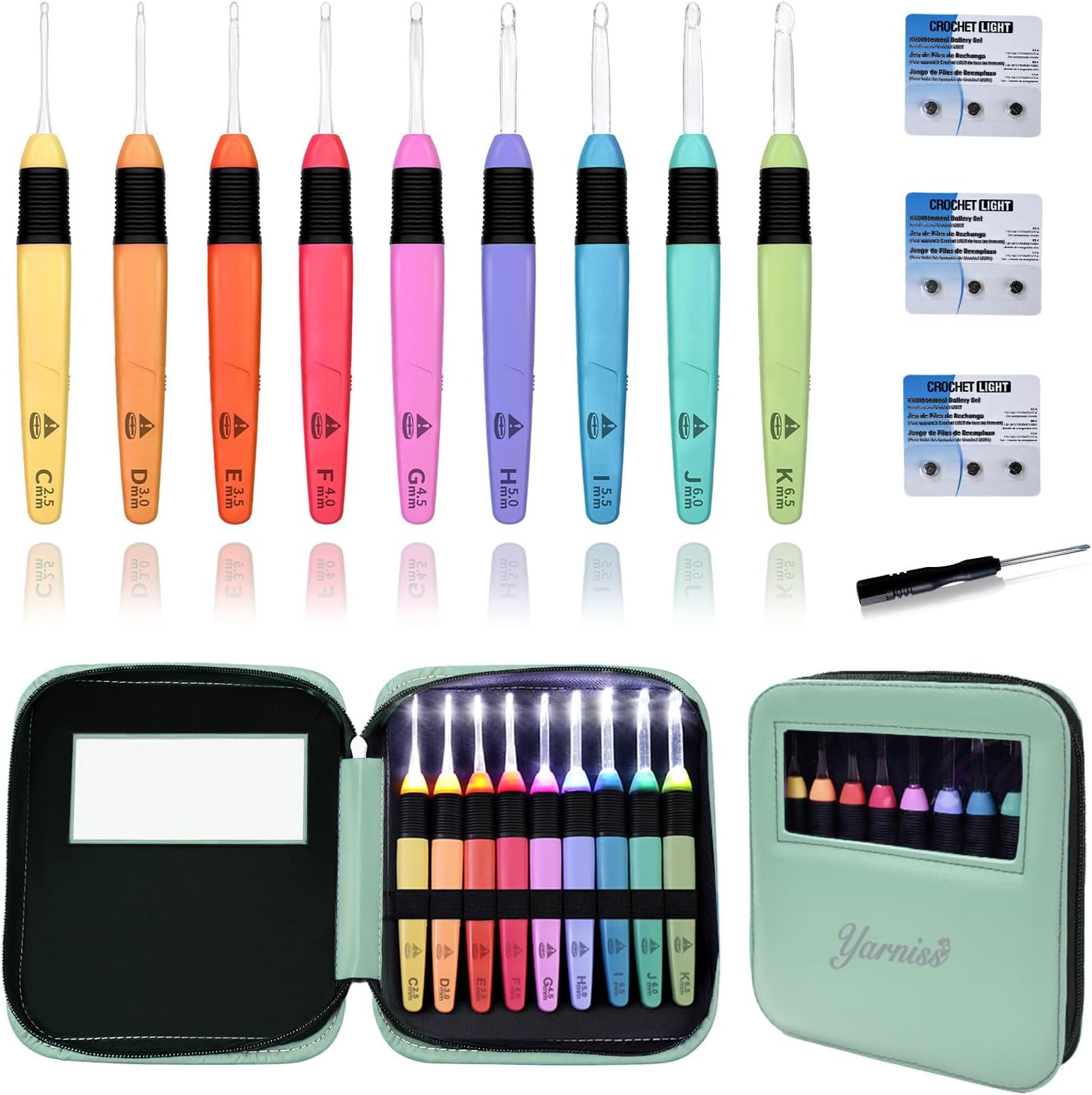 Yarniss 9 Piece LED Light Up Crochet Hook Set, LED Hooks for Dark Yarns (2.5mm-6.5mm) with 3 Replacement Battery Packs