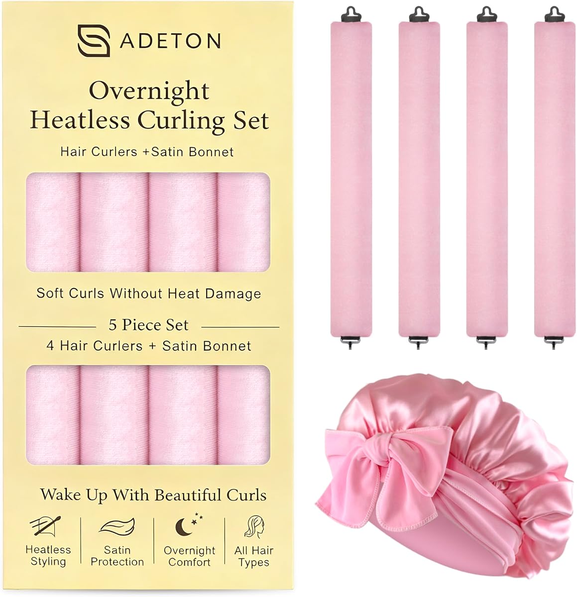 Heatless Curls Overnight, Velvet Heatless Hair Curler Set with Hook Closure – 4 Soft Hair Rollers Blowout Rods + Satin Hair Bonnet for Sleeping, Flexi Rods for Long Hair Women (B - PINK)