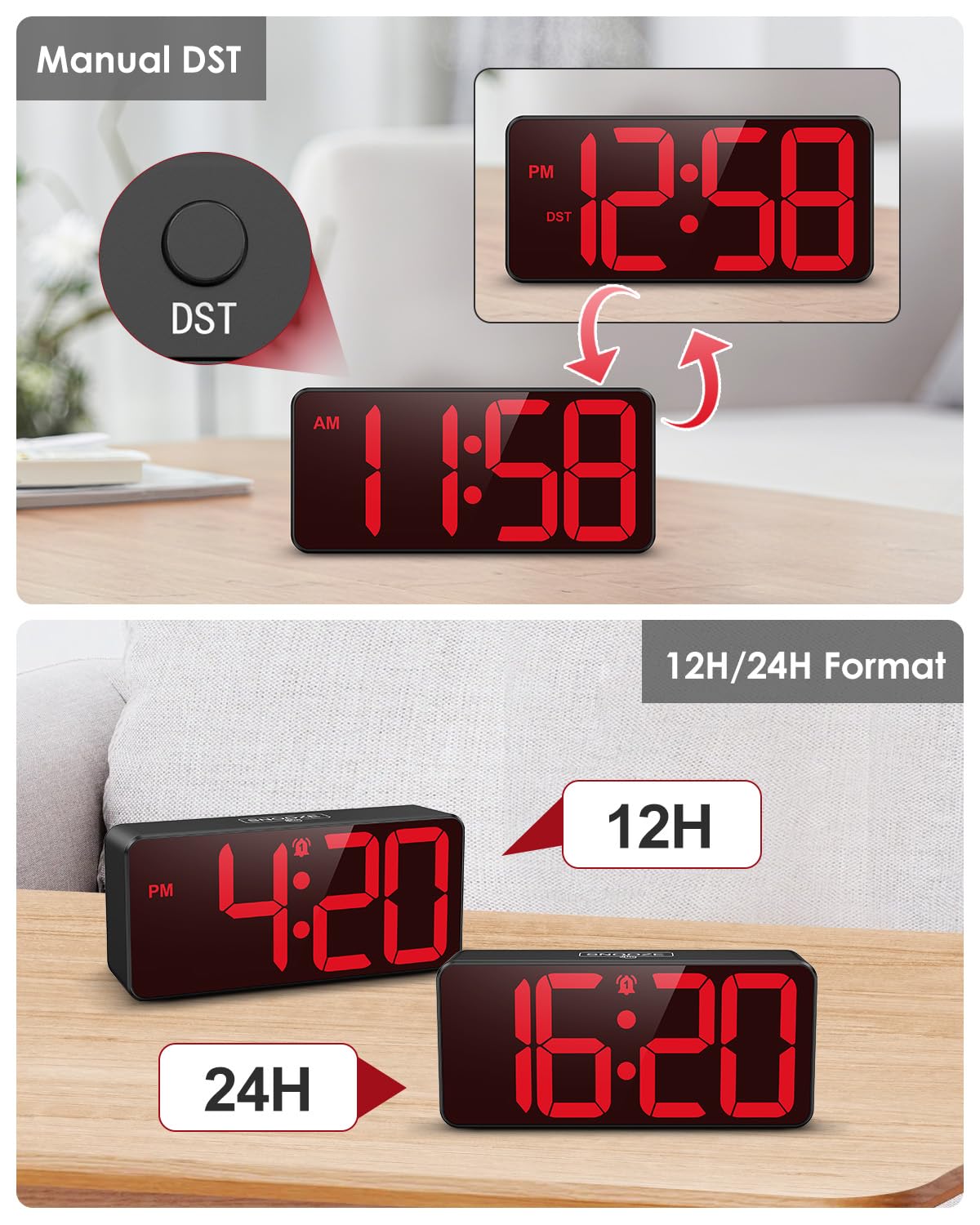 Cyfrowy budzik z wyświetlaczem LED, zasilany bateriami, budzik podróżny z podwójnym alarmem, 3 poziomy jasności i głośności, drzemka, 12/24 h i DST, duża liczba do sypialni, biura i podróży