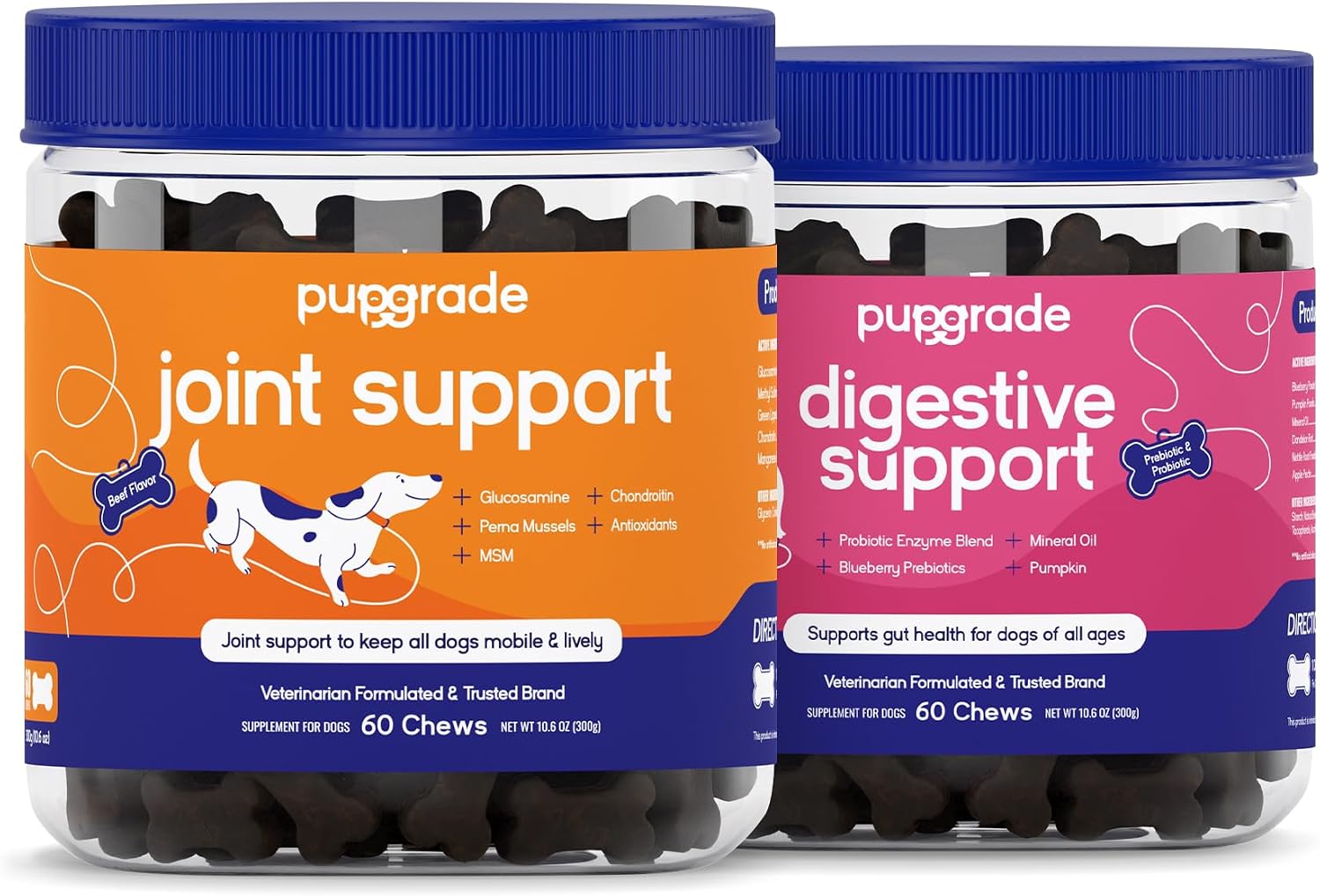 PupGrade 2-Pack Joint Support & Digestive Support Chews for Dogs - Soft Chews for Hip and Joint Pain Relief - Supplement with Probiotics, Prebiotics, Enzymes - 120 Chews Total
