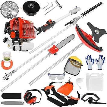 Grass Trimmer 52cc 2-Stroke Gas 5 in 1 Multi-Functional Hedge Trimmer Chainsaw Brush Cutter Loose Soil Ditching Complete Accessories Shipping from USA Fast Arrival Red