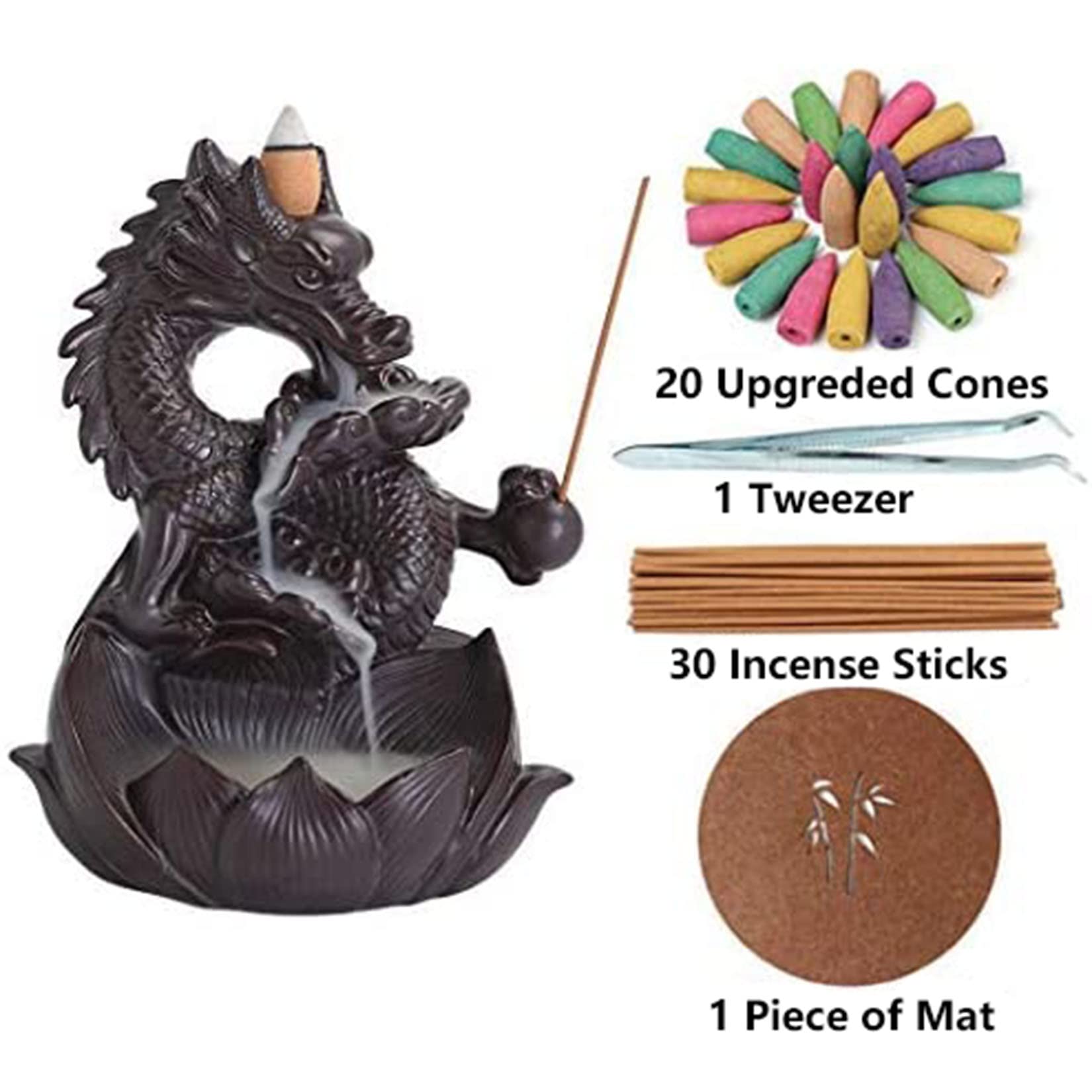 Keramik Wasserfall Räucherstäbchen, Backflow Räucherstäbchen, Räucherstäbchen Halter, Drachen Räucherstäbchen, Räucherstäbchen Sitz Mit 20 Backflow Räucherkegel+30 Räucherstäbchen,Braun