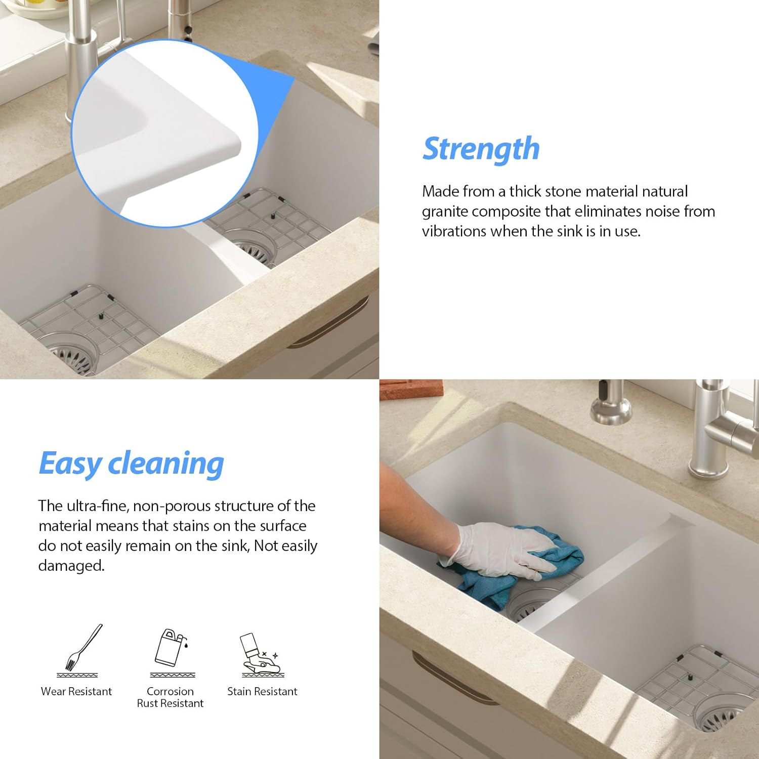Lordear 33 Granite Composite Kitchen Sink 33x19 Inch White Undermount Sink Double Bowl 50/50 Granite Composite Under/Over Counter White Kitchen Sink