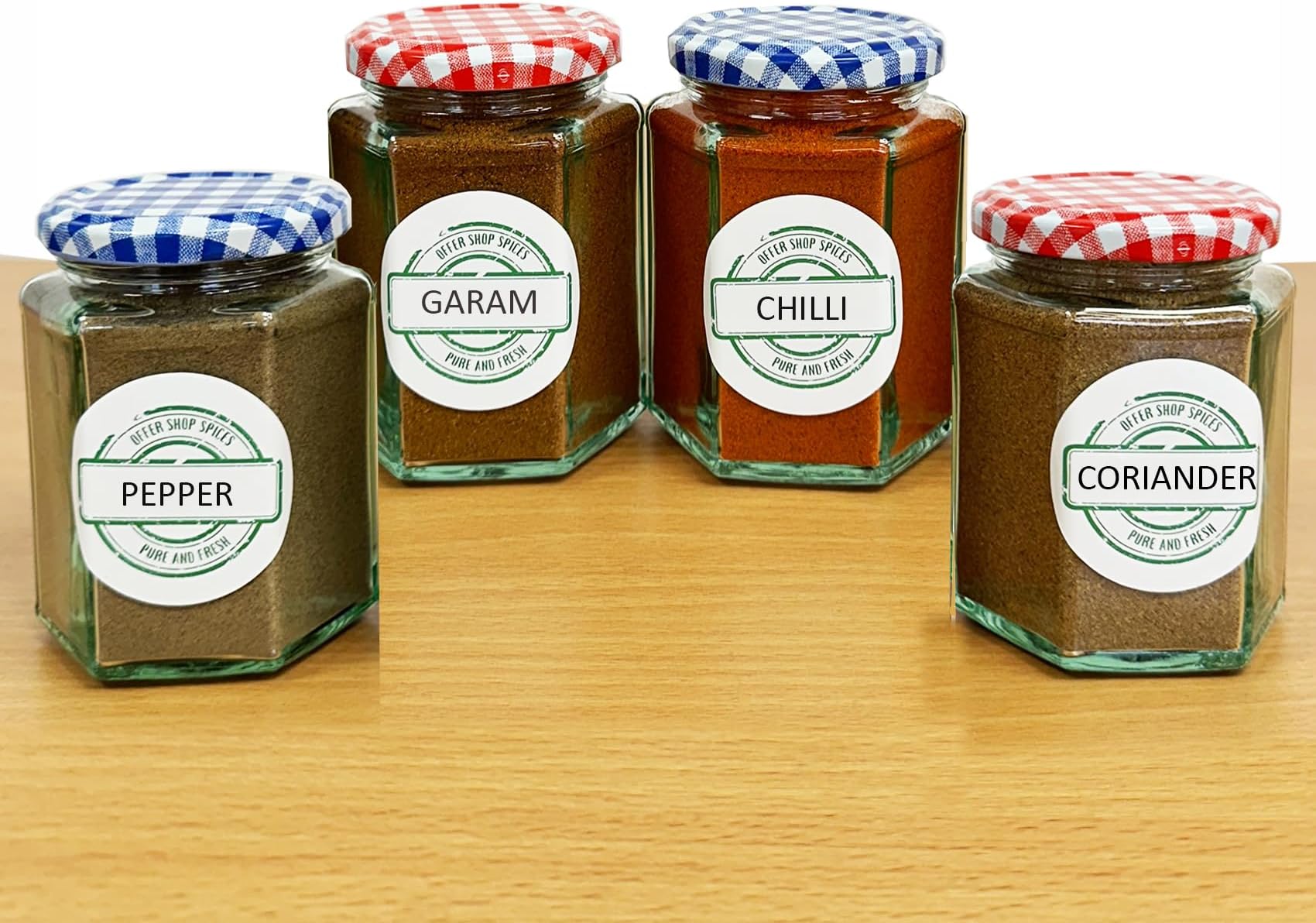 Indian Spices & Glass Jars for Kitchen- Essential Spices and Seasoning with Hexagonal Glass Jars | 4 Spices 4 Jars- Garam Masala Chilli Powder Black Pepper Coriander Ground 100g Each