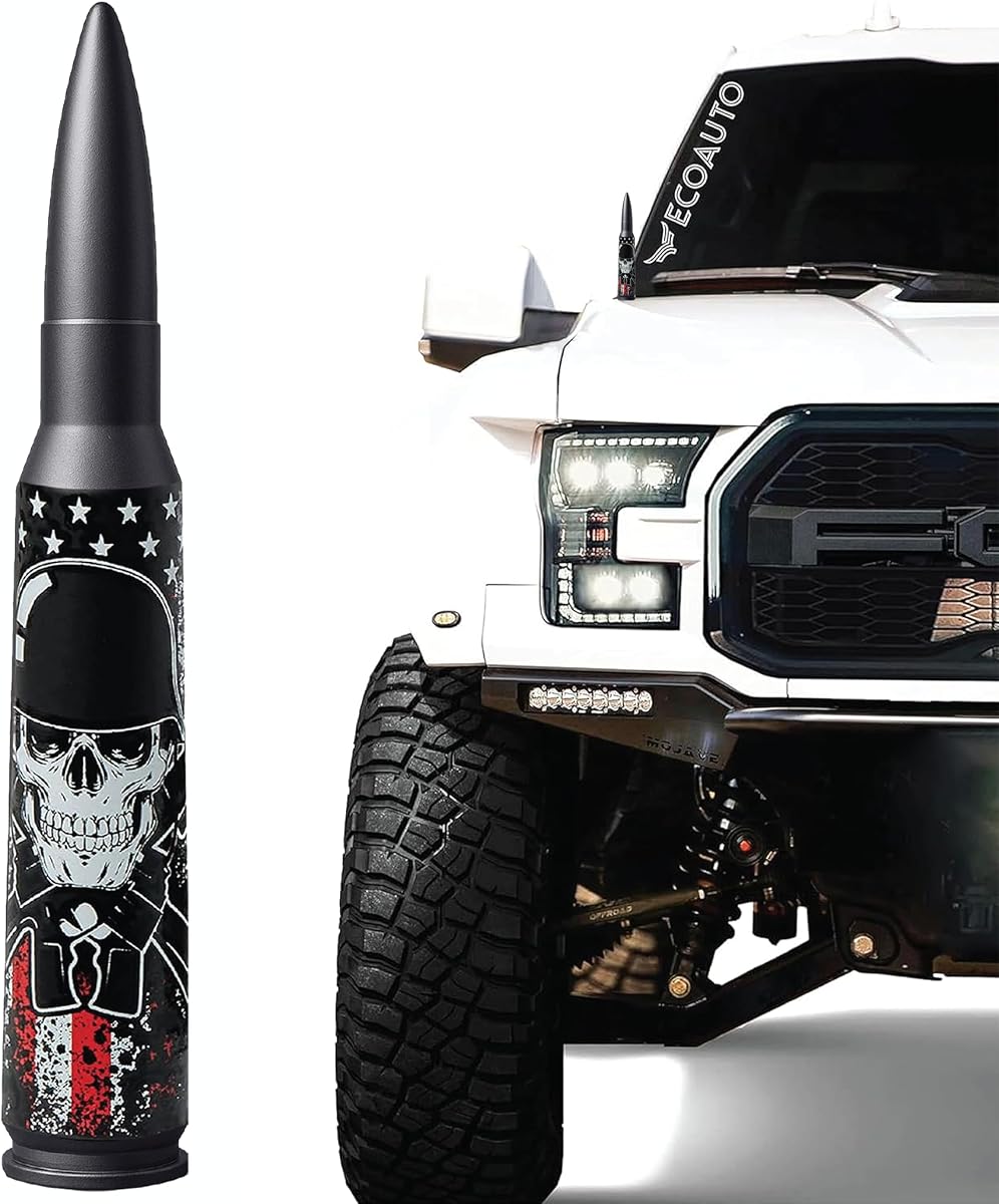 Badass Car Antenna Replacement for Dodge Ram & Ford F150 F250 F350 Super Duty Ford Raptor Bronco Trucks - Anti-Theft Design - Radio Antenna for Truck 1990 - Current (American Skull Black)