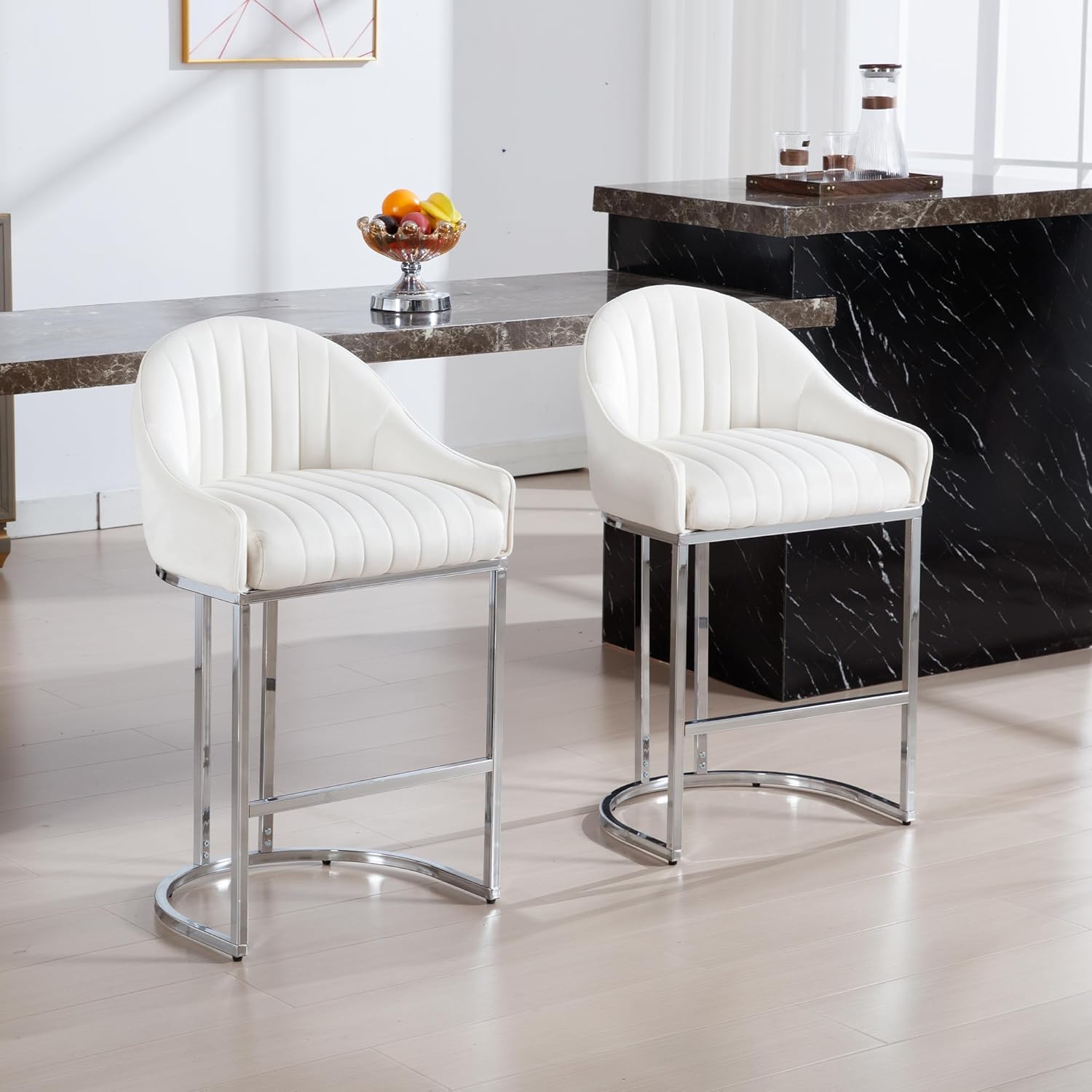 27 Inch Bar Stools Set of 4, Counter Height Barstools Kitchen Island Chairs with Silver Legs, Velvet Upholstered Barstools with Back,Beige