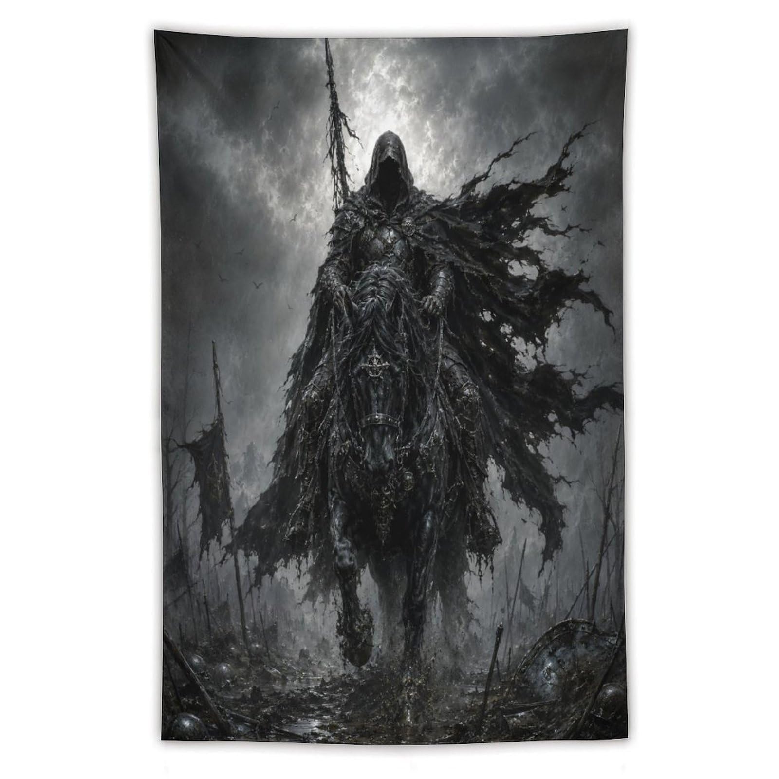 H3B8U2Y5 Black Armored Horseman Wall Tapestry, Renaissance Art Style