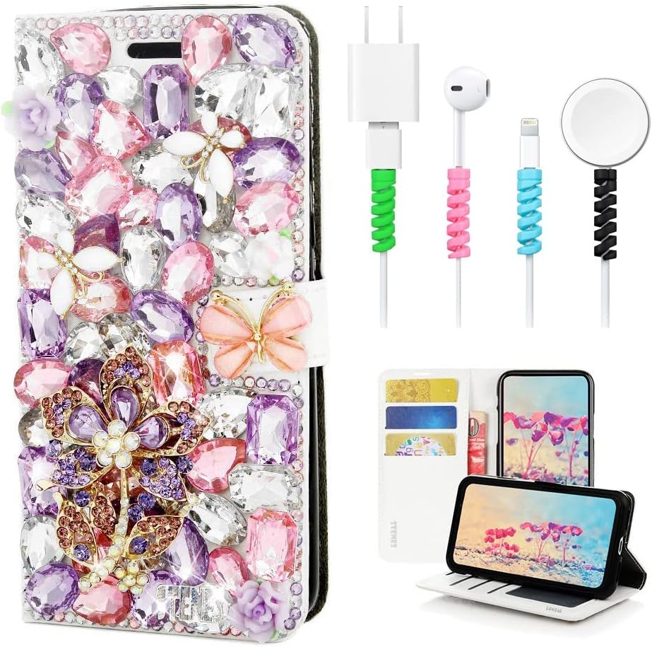 STENES Bling Wallet Case Compatible with iPhone XR 6.1 Inch - Stylish - 3D Handmade Sunshine Flower Butterfly Leather Case with Wrist Strap & Cable Protector [4 Pack] - Purple