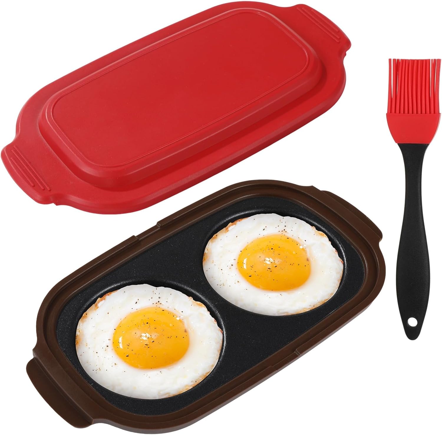 Microwave Egg Cooker with Silicone Oil Brush, 9.3 in Double Egg Microwave Egg Poacher Pan for Frying and Poaching, Black Carbon Steel Egg Maker for Breakfast Sandwiches