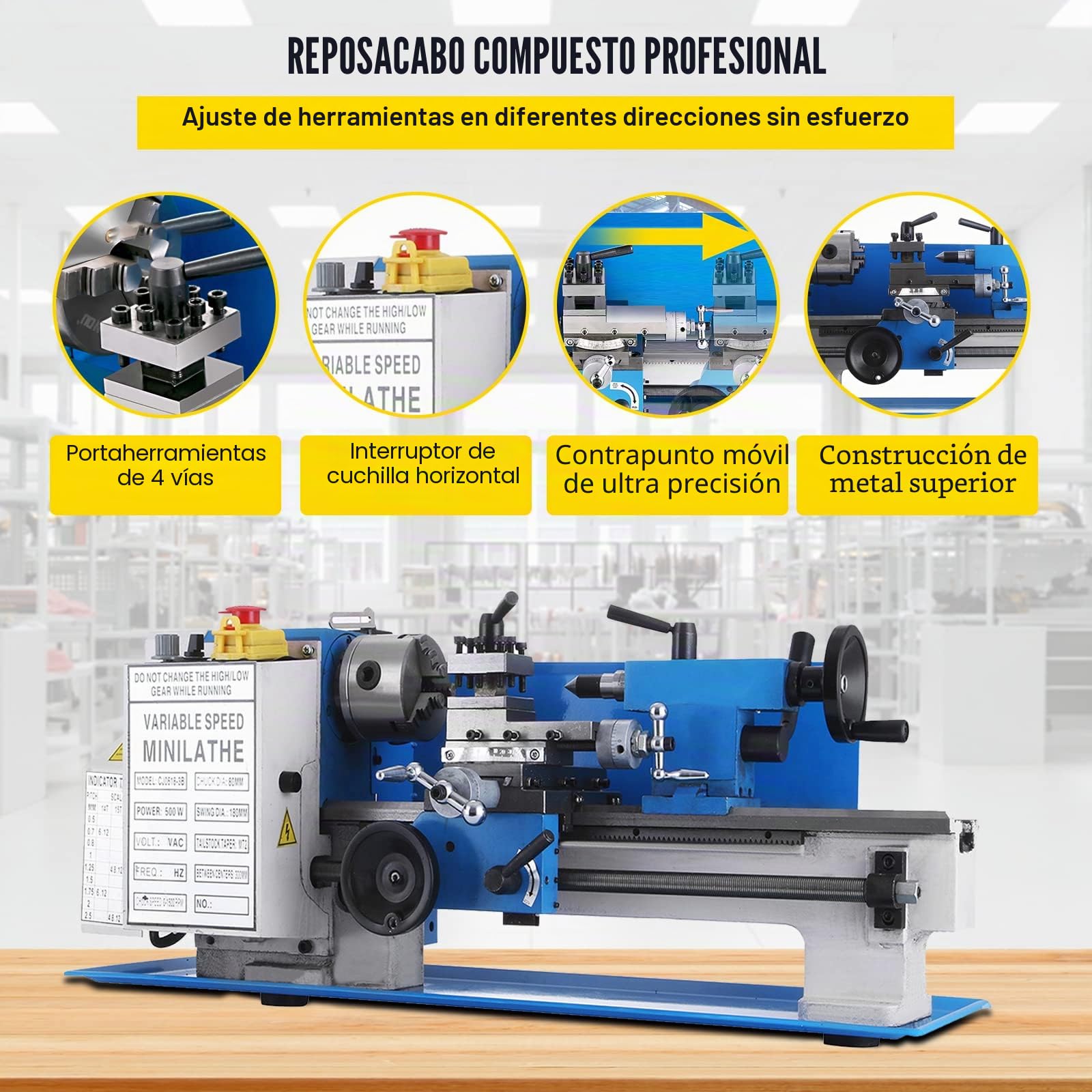 BestEquip Mini Torno de Metal 180mm x 350mm, Velocidad Variable 50-2250 RPM 550W Engranaje de Nylon, Mini Torno de Banco 0,75HP, Fresadora de Velocidad de Husillo Variable